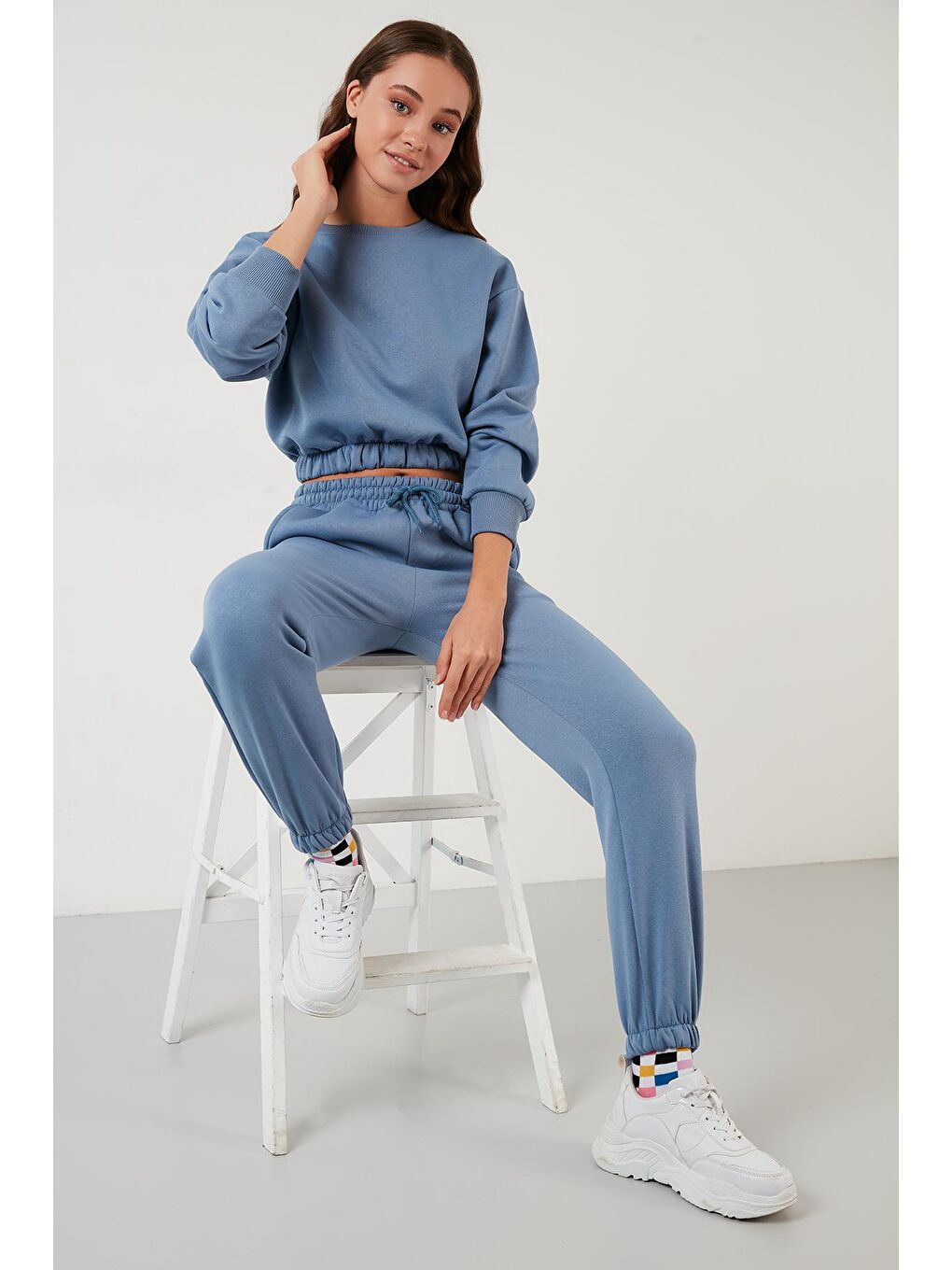 Mavi Bisiklet Yaka Pamuklu Cepli Crop Spor Takım 5864276