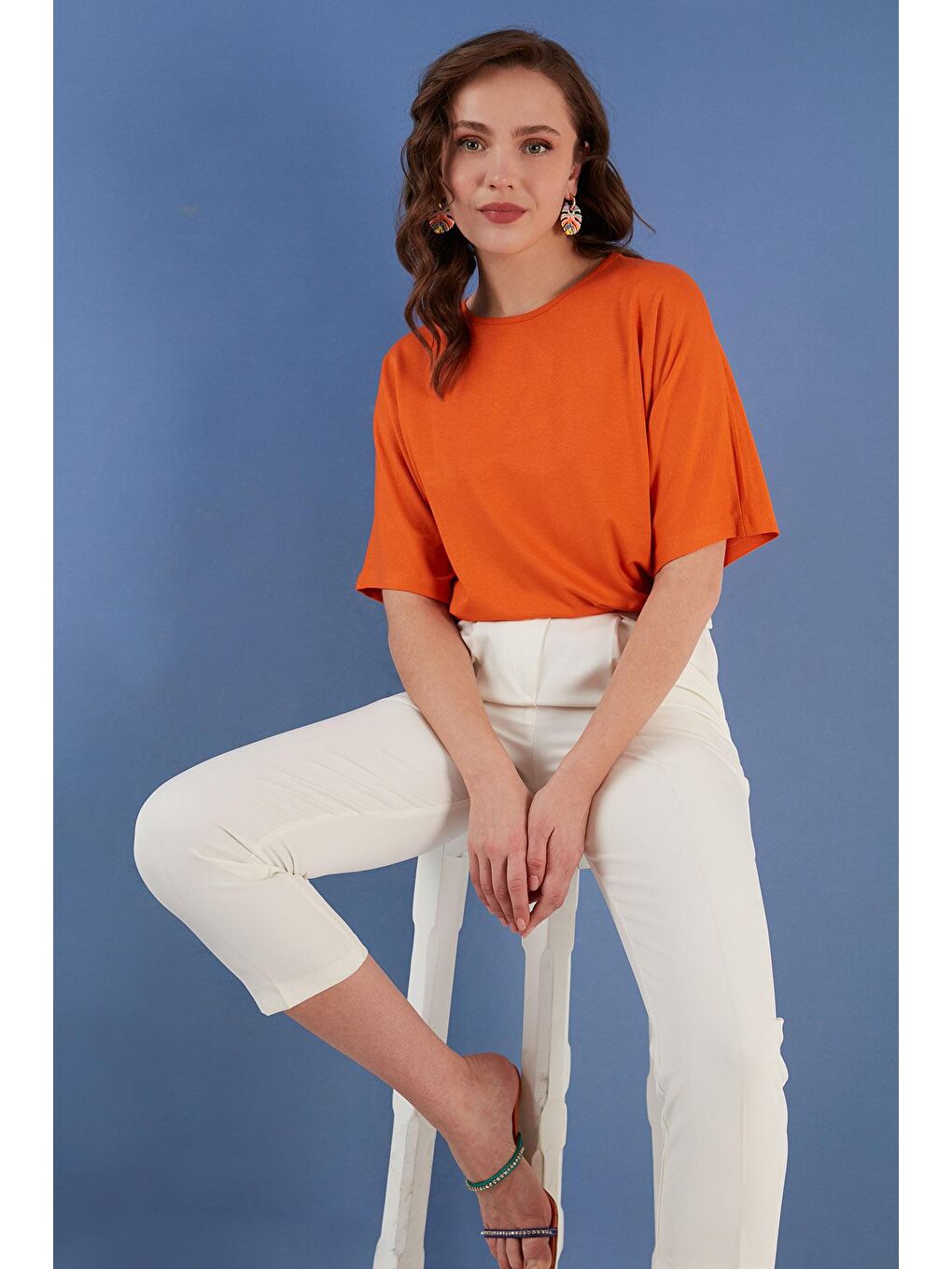 Turuncu Bisiklet Yaka Oversize Esnek Dokulu Bluz 5864528