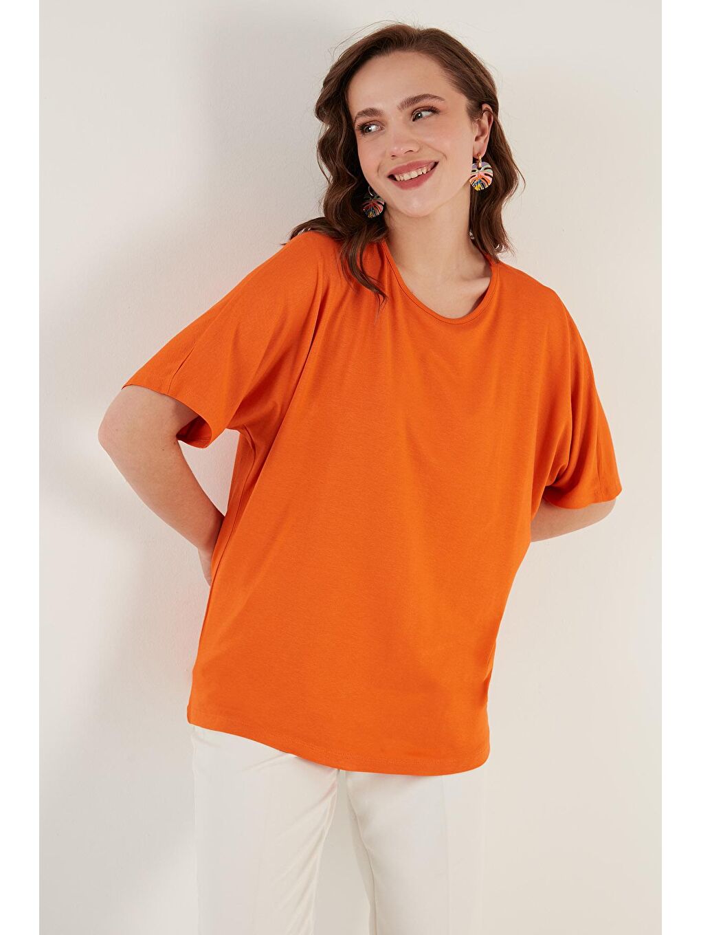 Turuncu Bisiklet Yaka Oversize Esnek Dokulu Bluz 5864528-1