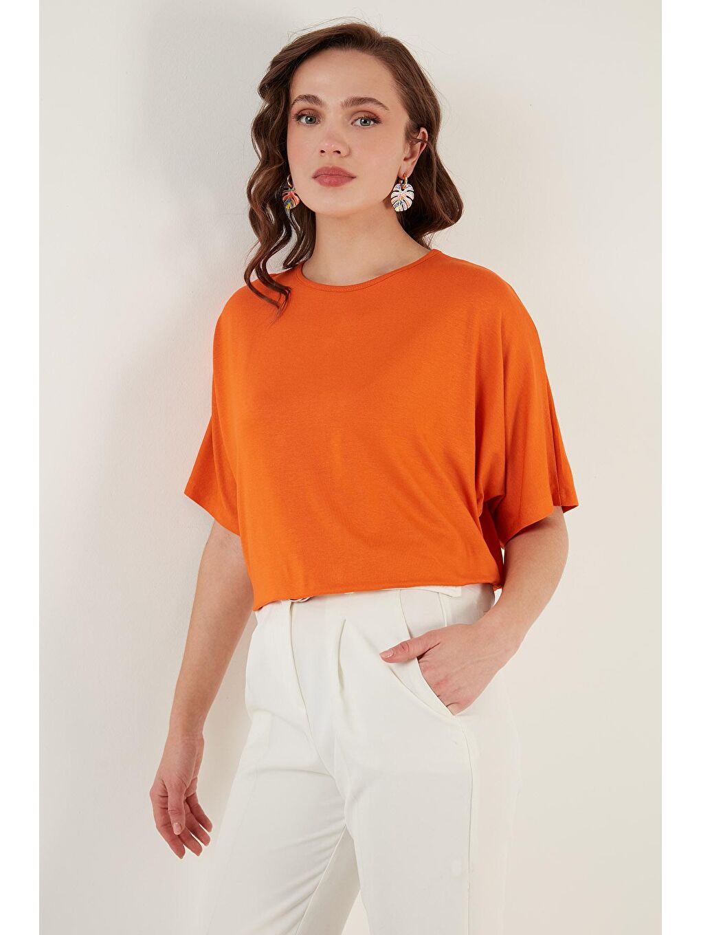 Turuncu Bisiklet Yaka Oversize Esnek Dokulu Bluz 5864528-2