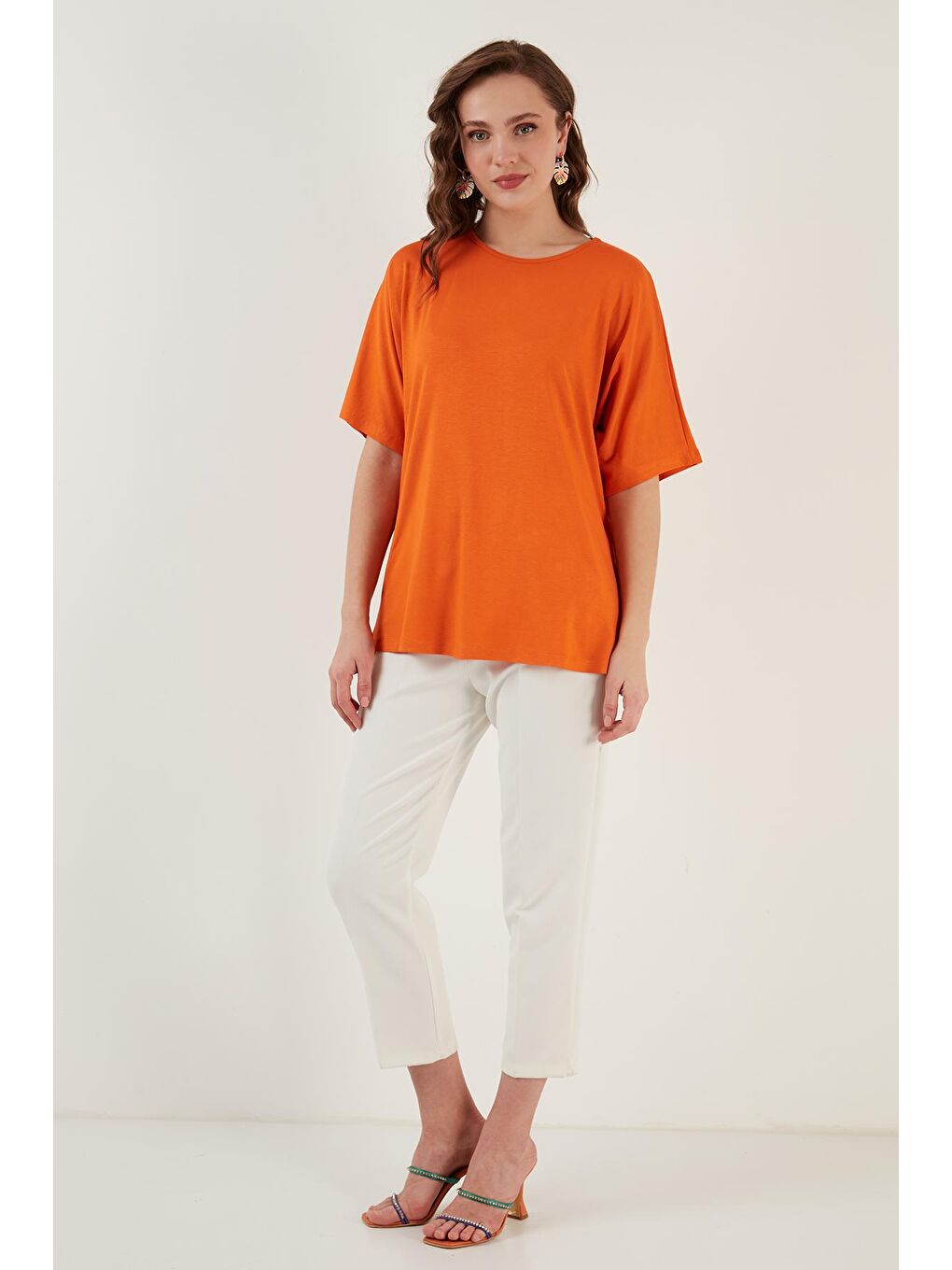 Turuncu Bisiklet Yaka Oversize Esnek Dokulu Bluz 5864528-3