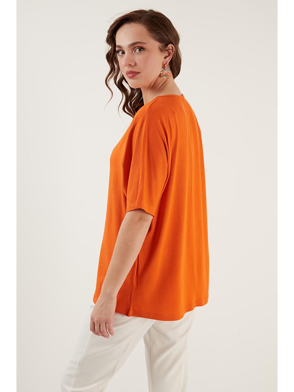 Turuncu Bisiklet Yaka Oversize Esnek Dokulu Bluz 5864528-4