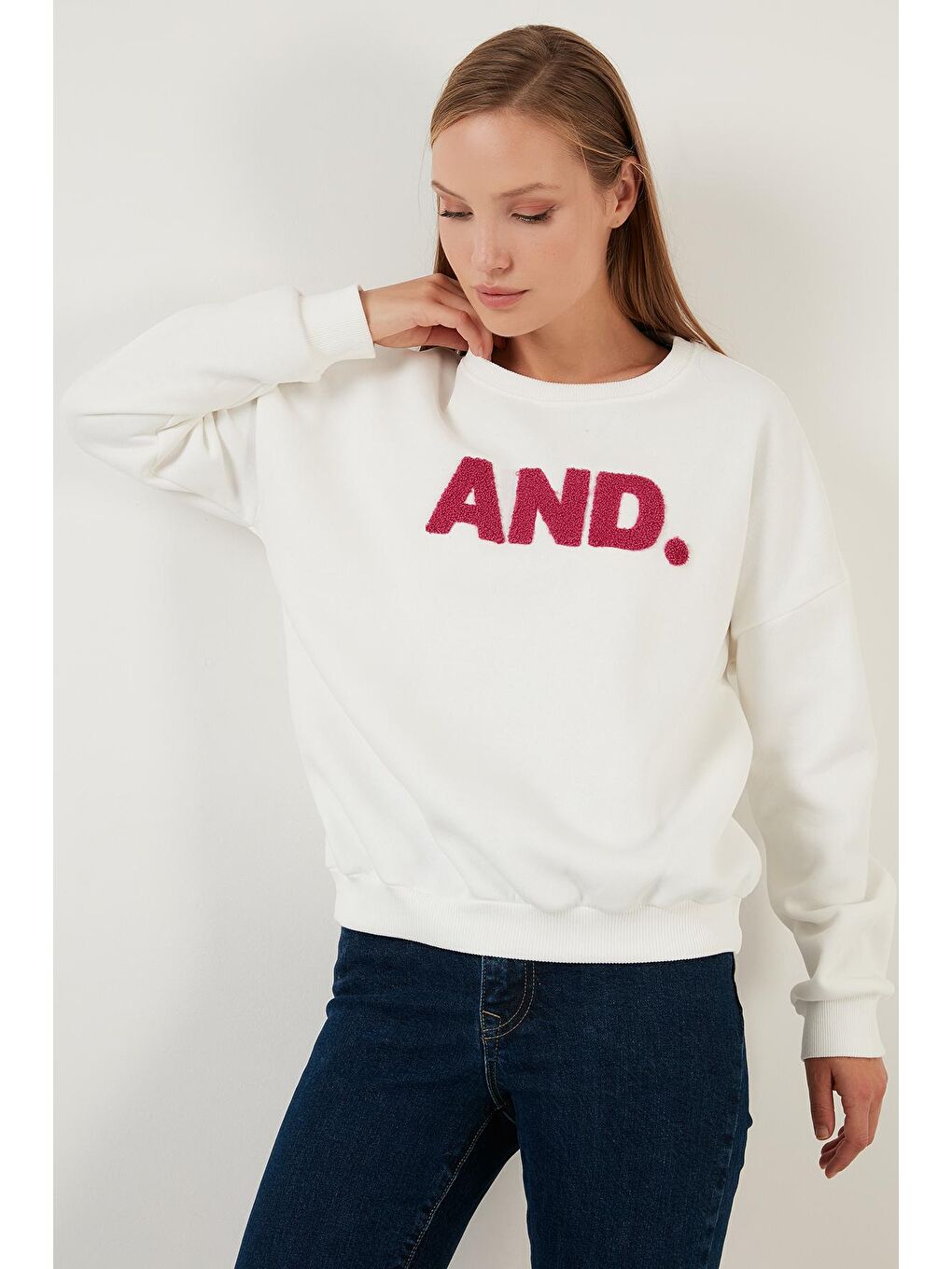 Beyaz Regular Fit Bisiklet Yaka Kalın İçi Polarlı Şardonlu Kışlık Örme Sweat 5864880