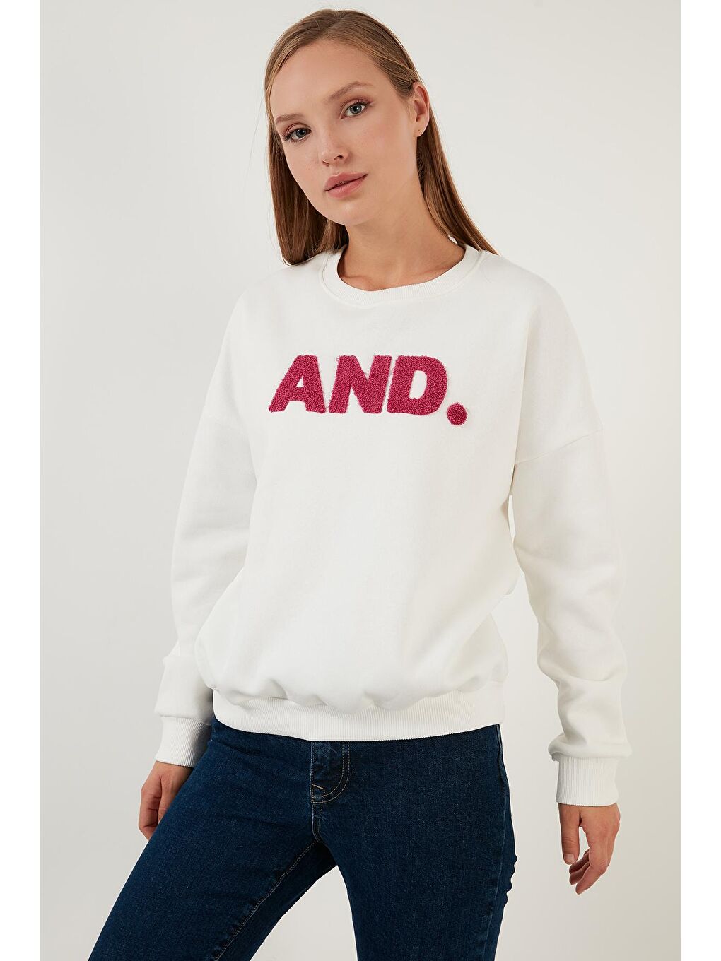 Beyaz Regular Fit Bisiklet Yaka Kalın İçi Polarlı Şardonlu Kışlık Örme Sweat 5864880-1