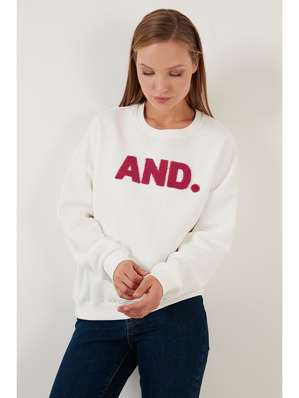 Beyaz Regular Fit Bisiklet Yaka Kalın İçi Polarlı Şardonlu Kışlık Örme Sweat 5864880-2