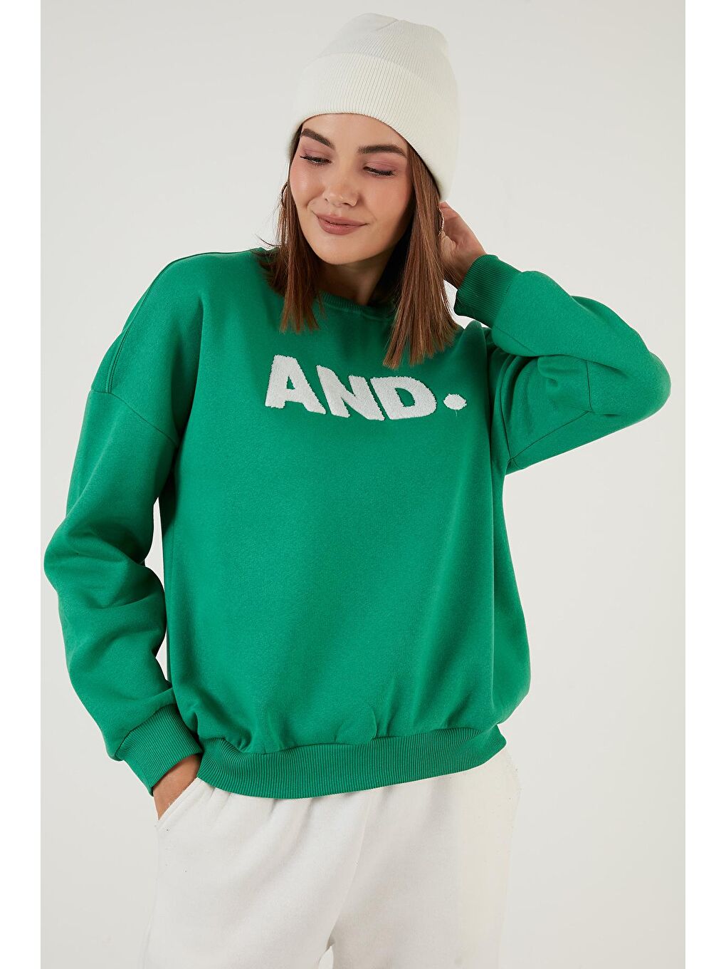 Yeşil Regular Fit Bisiklet Yaka Kalın İçi Polarlı Şardonlu Kışlık Örme Sweat 5864880