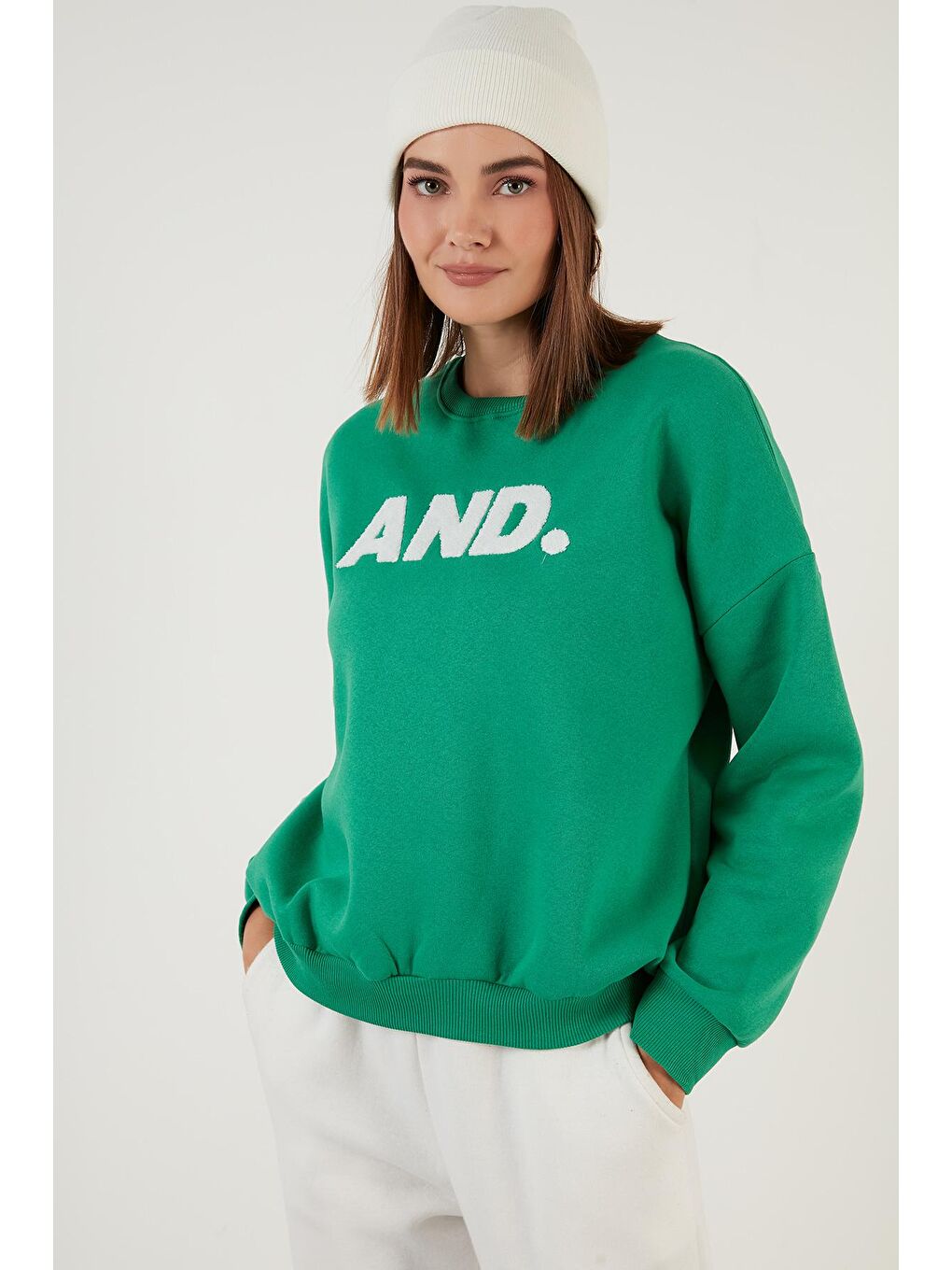 Yeşil Regular Fit Bisiklet Yaka Kalın İçi Polarlı Şardonlu Kışlık Örme Sweat 5864880-2