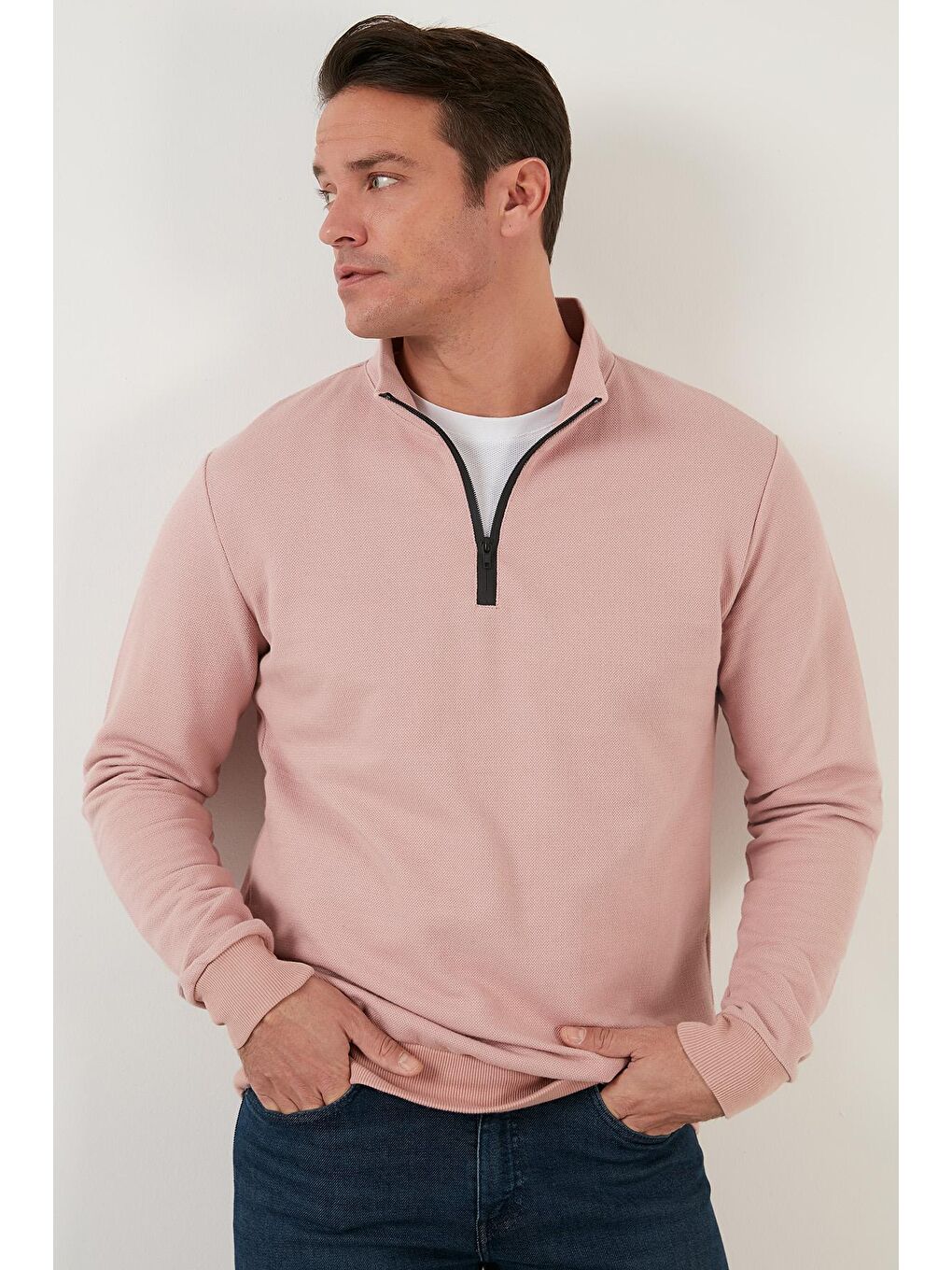Pembe Pamuklu Slim Fit Yarım Fermuarlı Dik Yaka Sweat 5905400