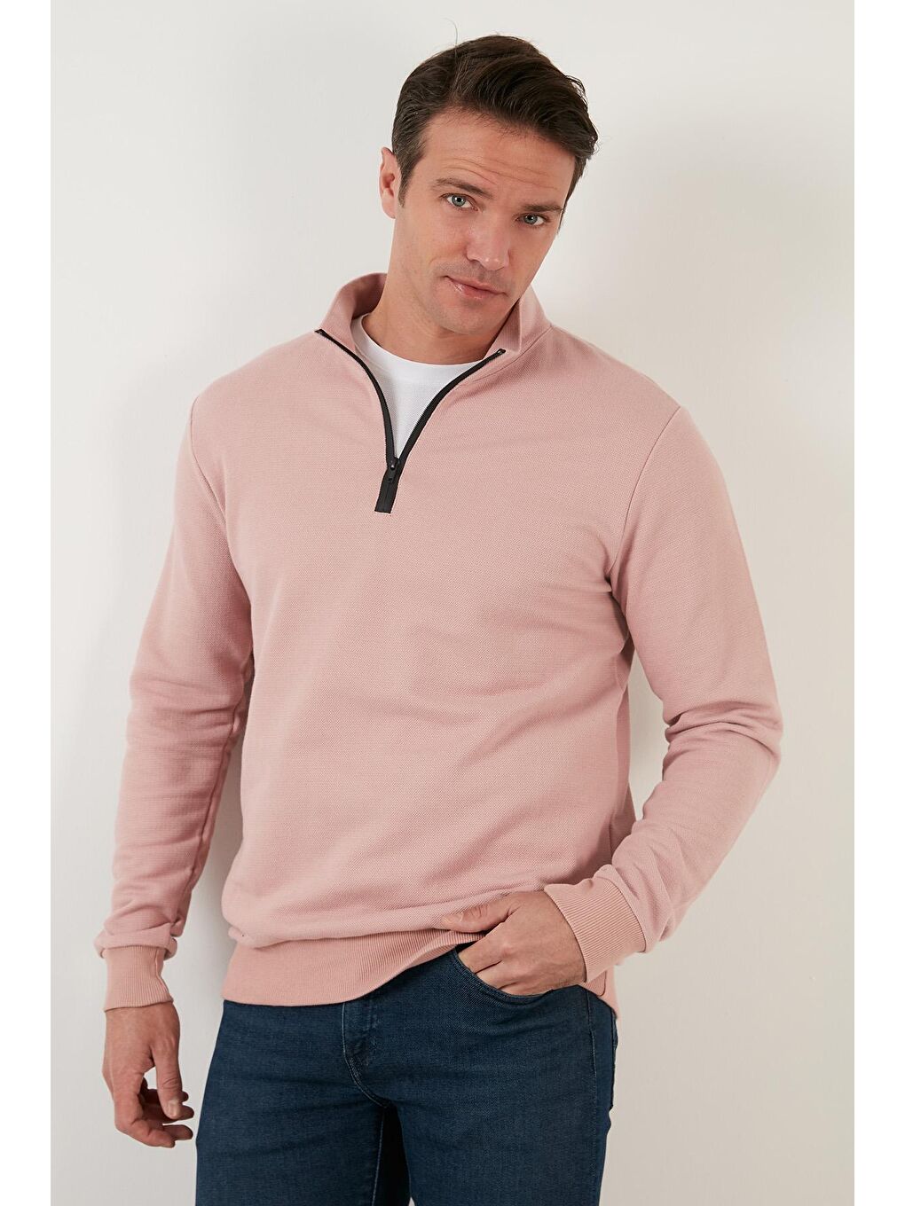 Pembe Pamuklu Slim Fit Yarım Fermuarlı Dik Yaka Sweat 5905400-1