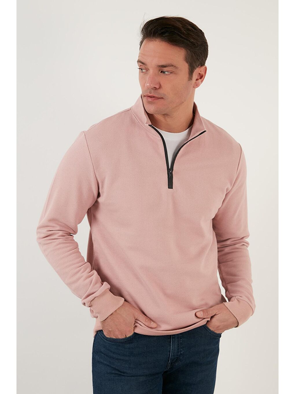 Pembe Pamuklu Slim Fit Yarım Fermuarlı Dik Yaka Sweat 5905400-2