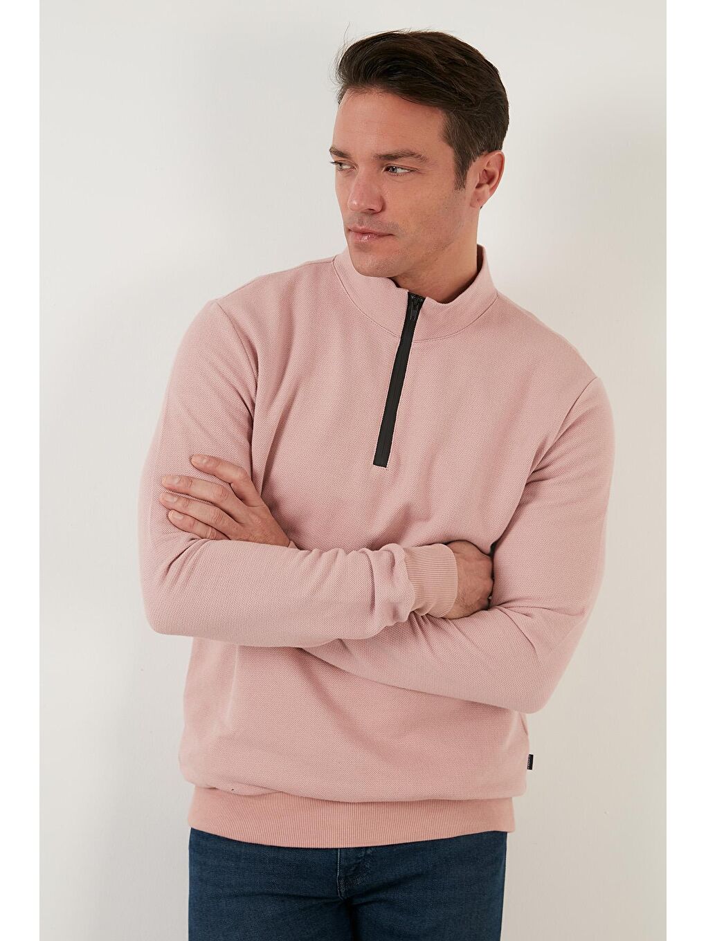 Pembe Pamuklu Slim Fit Yarım Fermuarlı Dik Yaka Sweat 5905400-3