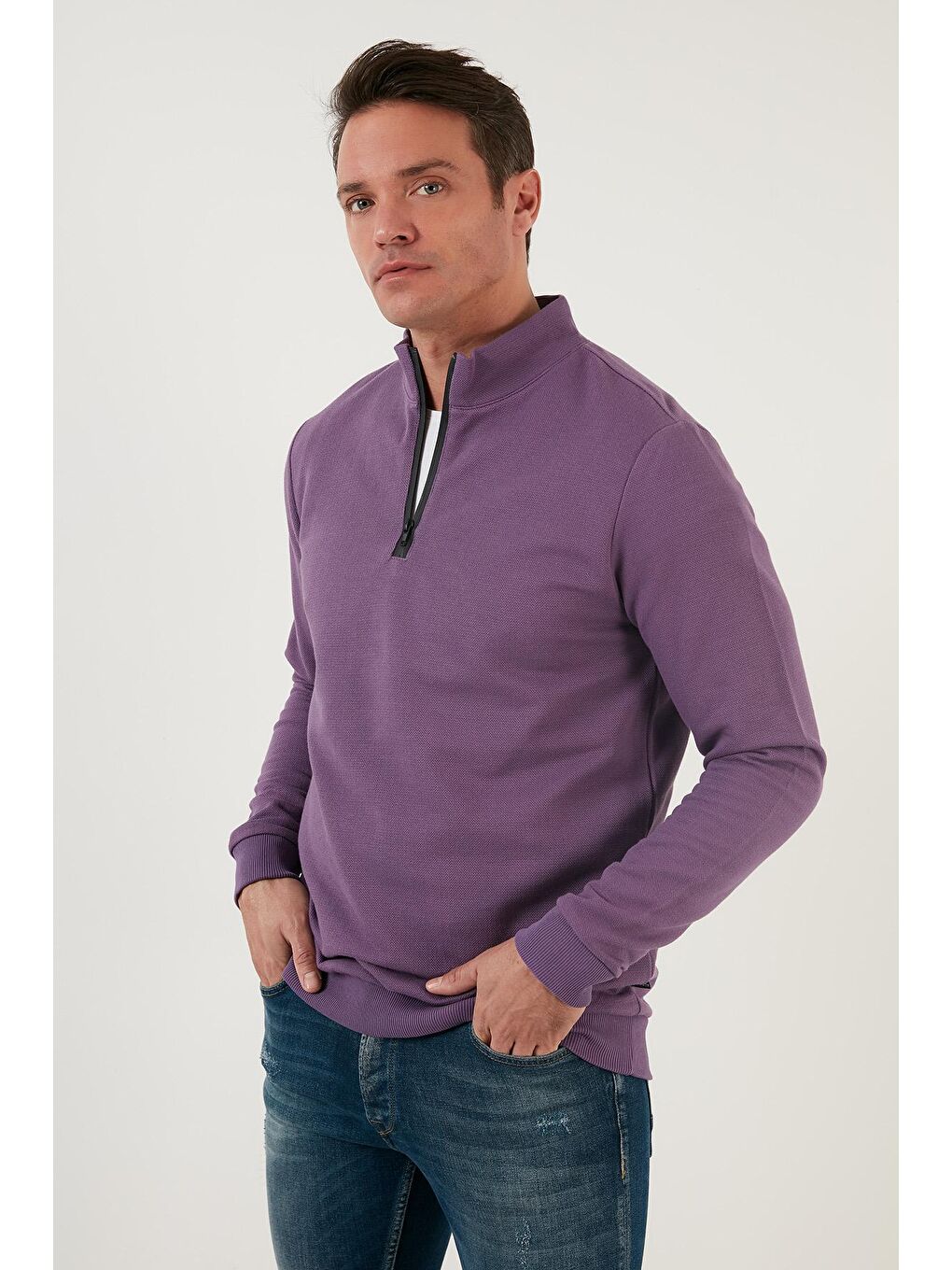 Mor Pamuklu Slim Fit Yarım Fermuarlı Dik Yaka Erkek Sweat 5905400