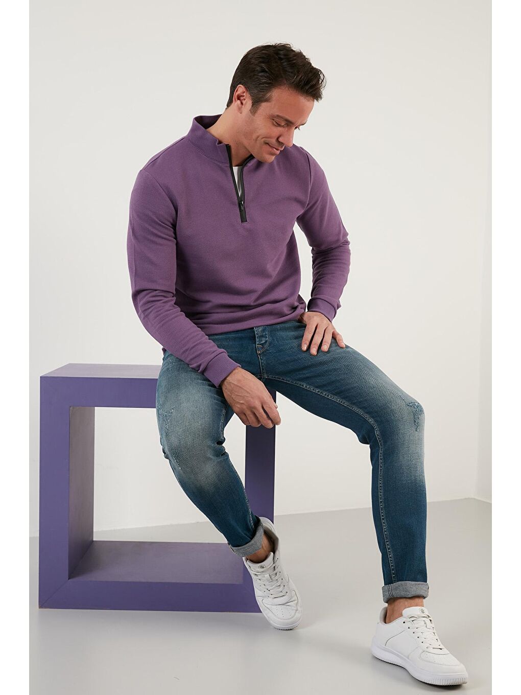 Mor Pamuklu Slim Fit Yarım Fermuarlı Dik Yaka Erkek Sweat 5905400-1
