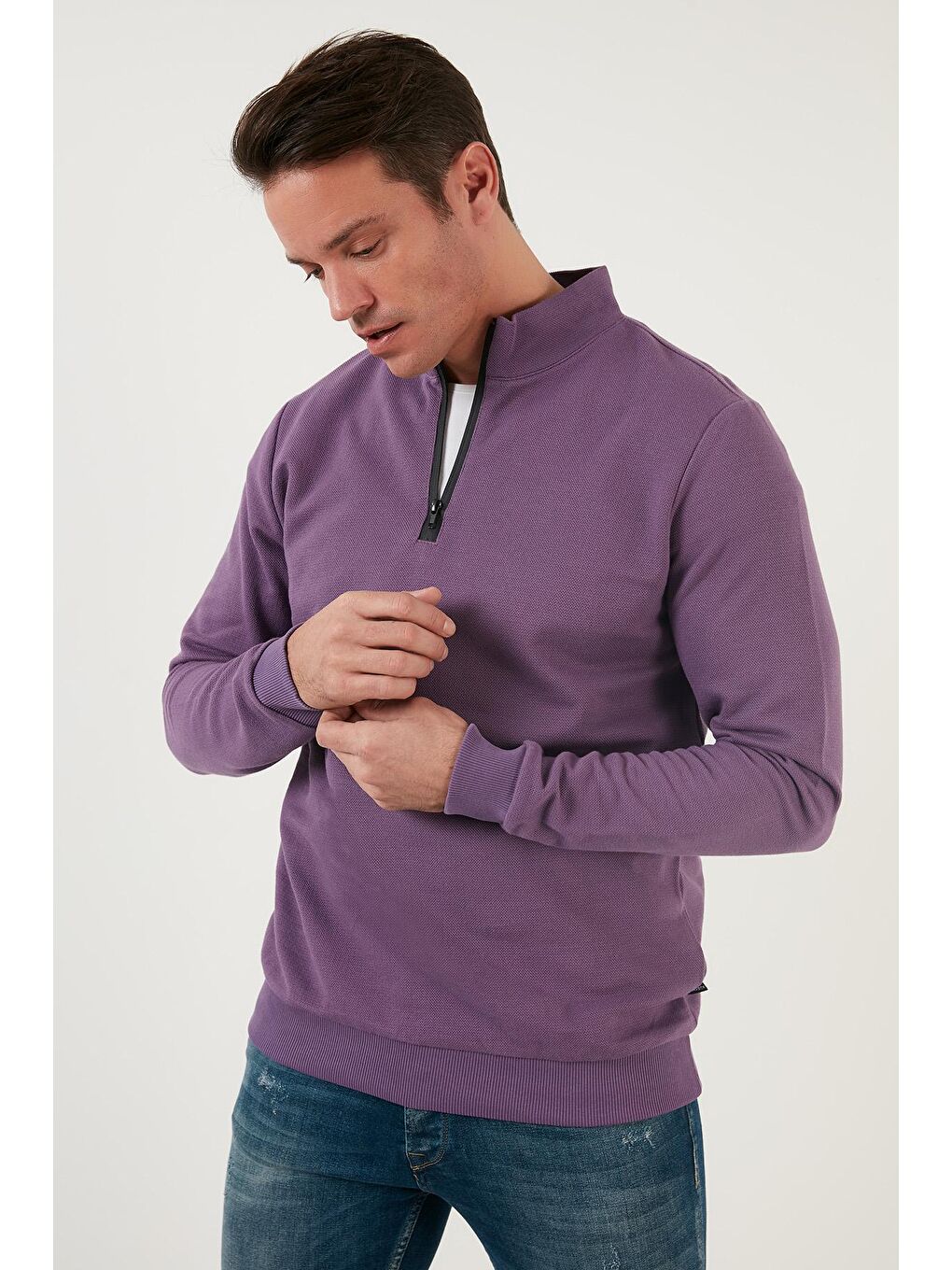 Mor Pamuklu Slim Fit Yarım Fermuarlı Dik Yaka Erkek Sweat 5905400-2