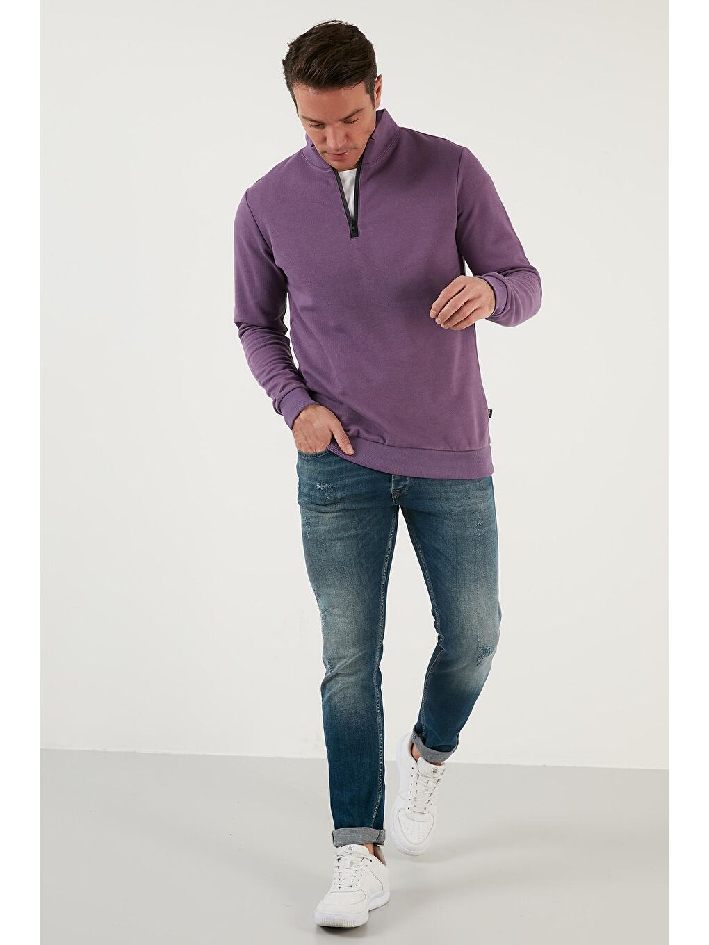 Mor Pamuklu Slim Fit Yarım Fermuarlı Dik Yaka Erkek Sweat 5905400-3
