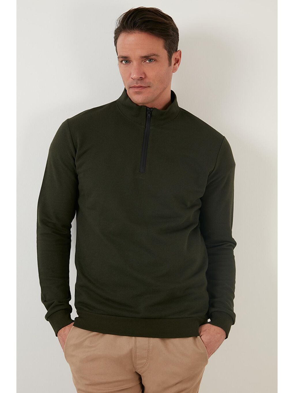 Haki Pamuklu Slim Fit Yarım Fermuarlı Dik Yaka Erkek Sweat 5905400