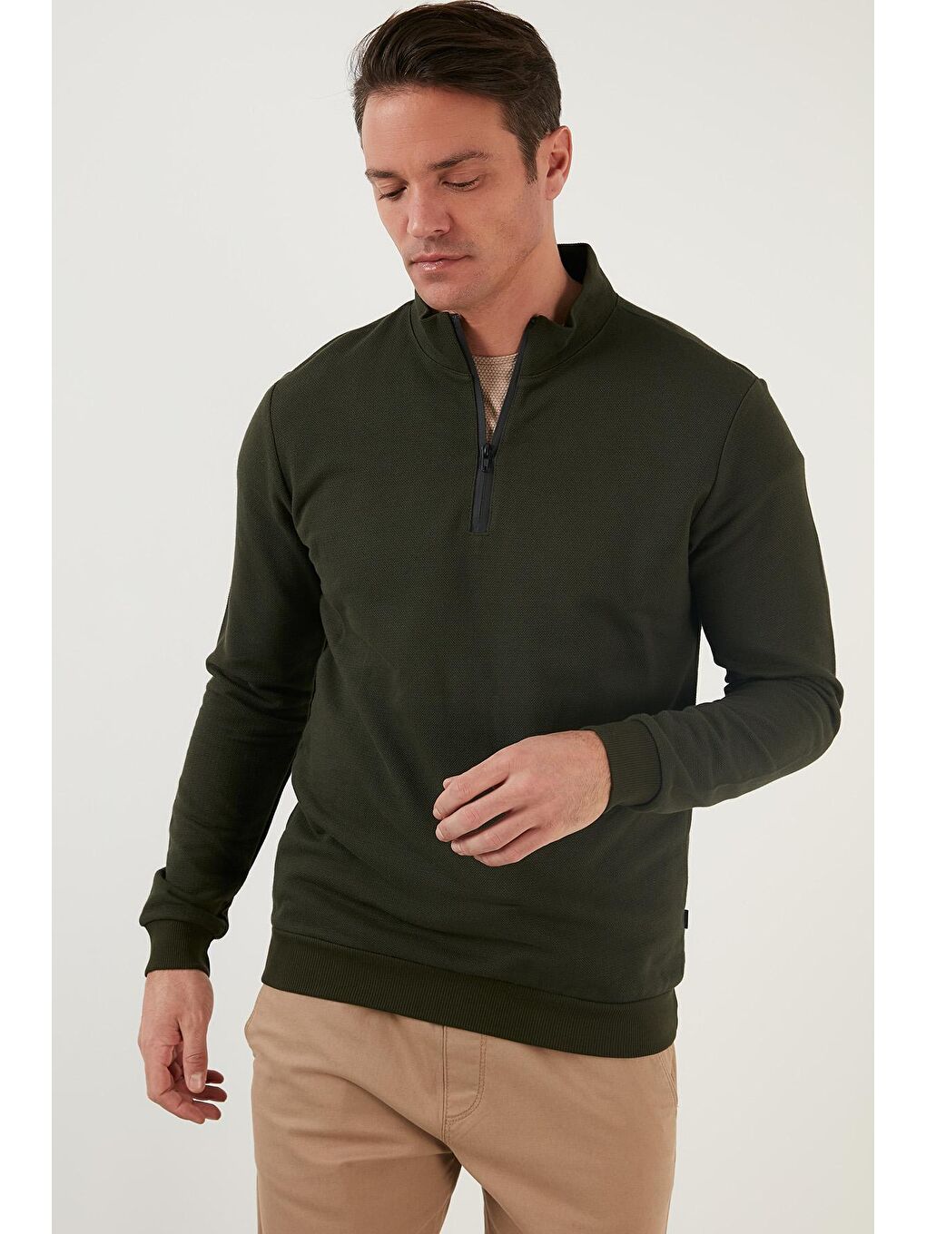 Haki Pamuklu Slim Fit Yarım Fermuarlı Dik Yaka Erkek Sweat 5905400-1