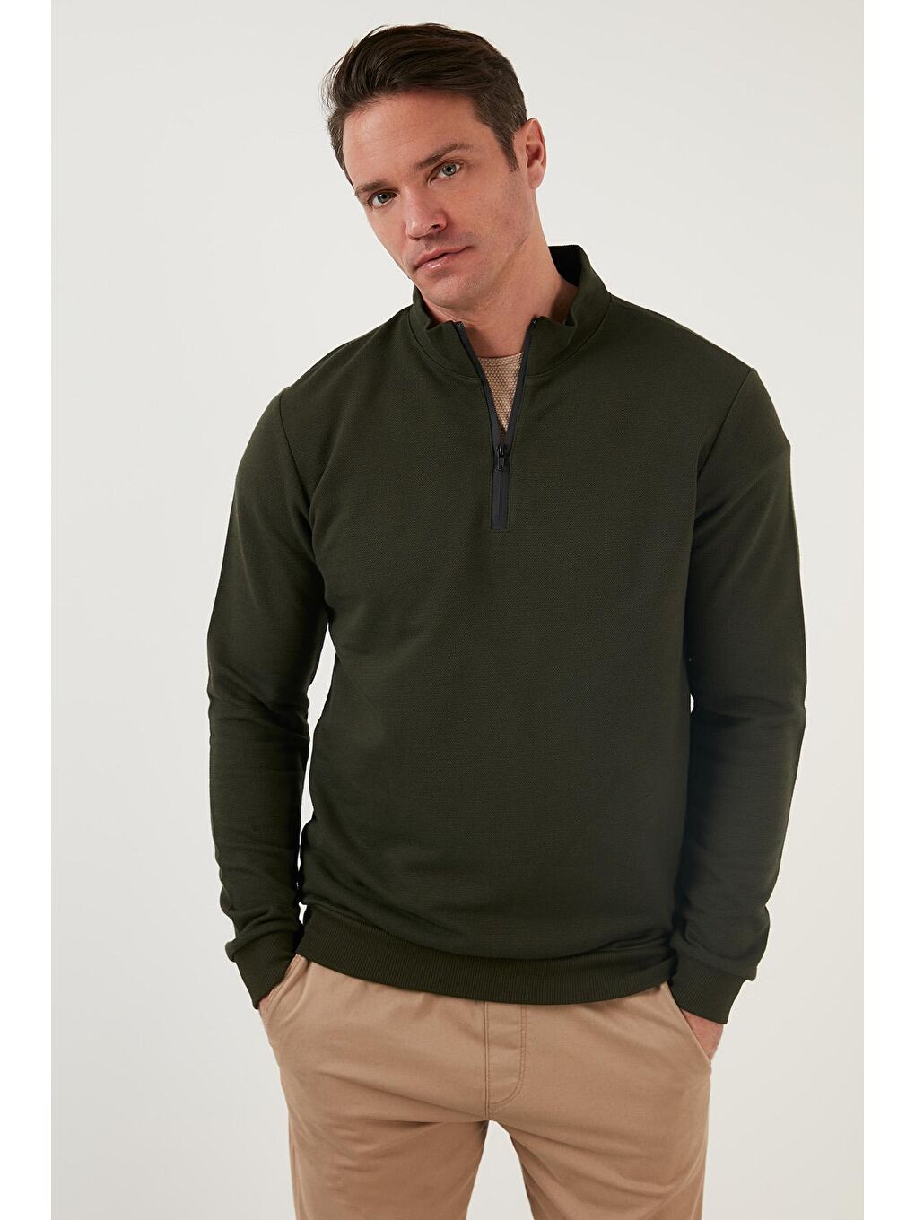 Haki Pamuklu Slim Fit Yarım Fermuarlı Dik Yaka Erkek Sweat 5905400-3