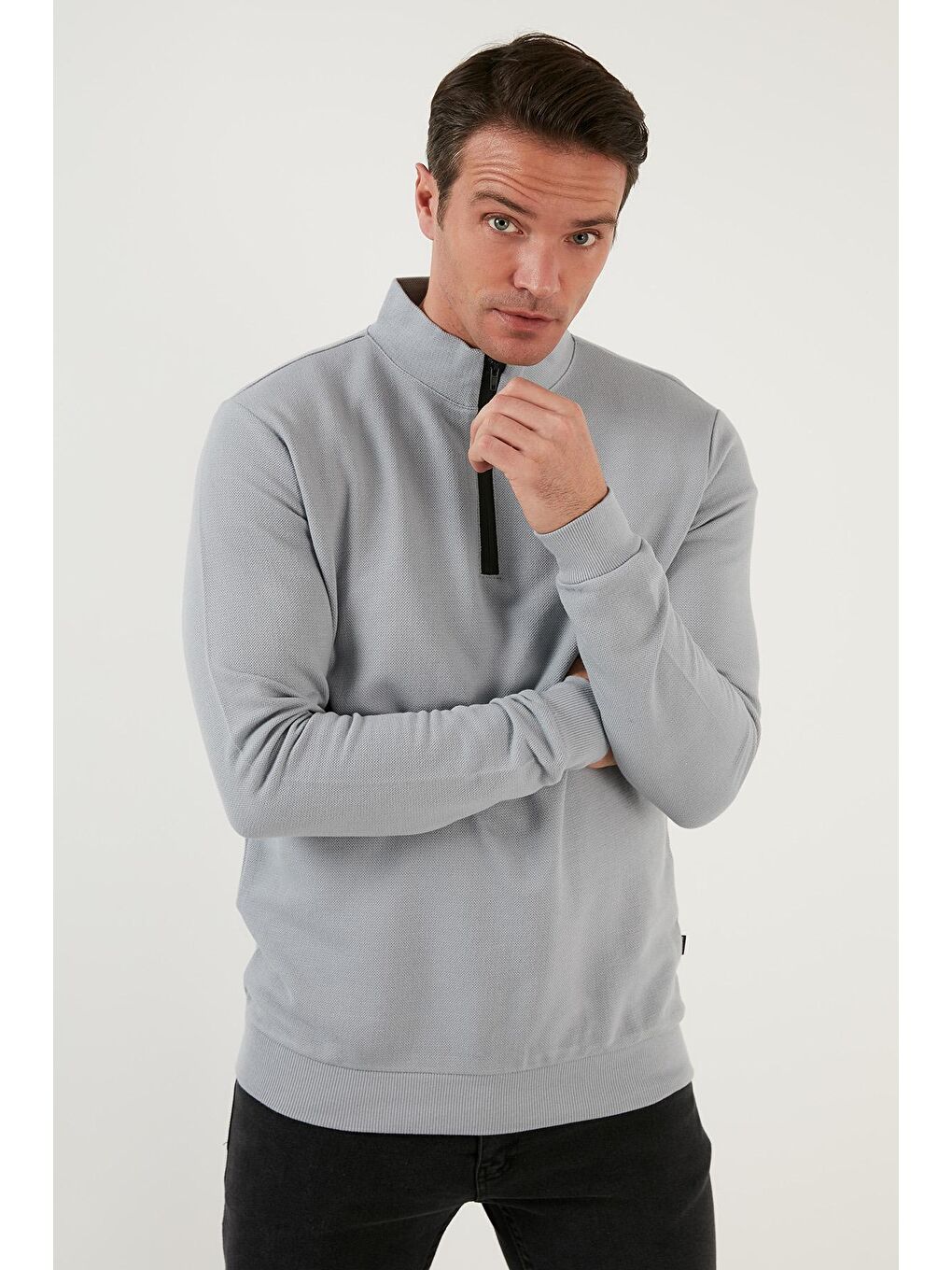 Gri Pamuklu Slim Fit Yarım Fermuarlı Dik Yaka Sweat 5905400-1