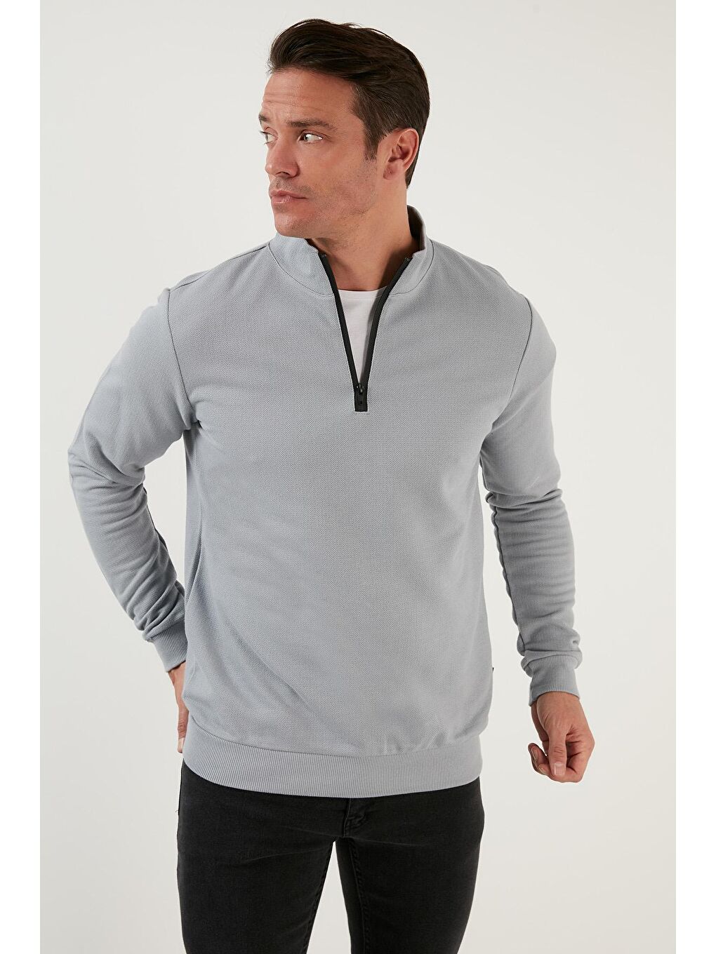 Gri Pamuklu Slim Fit Yarım Fermuarlı Dik Yaka Sweat 5905400-2