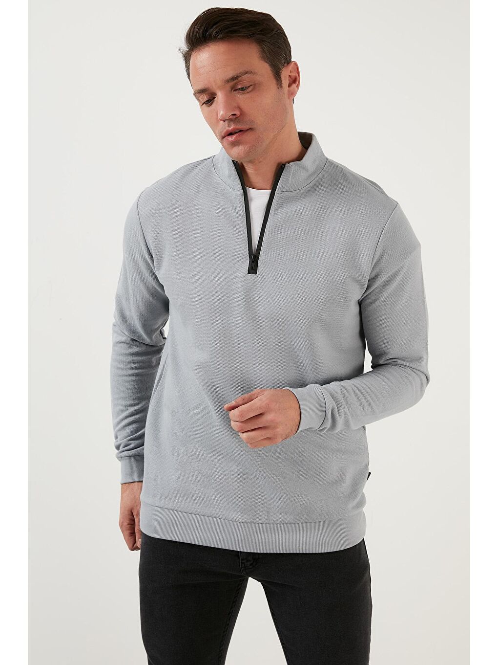 Gri Pamuklu Slim Fit Yarım Fermuarlı Dik Yaka Sweat 5905400-3