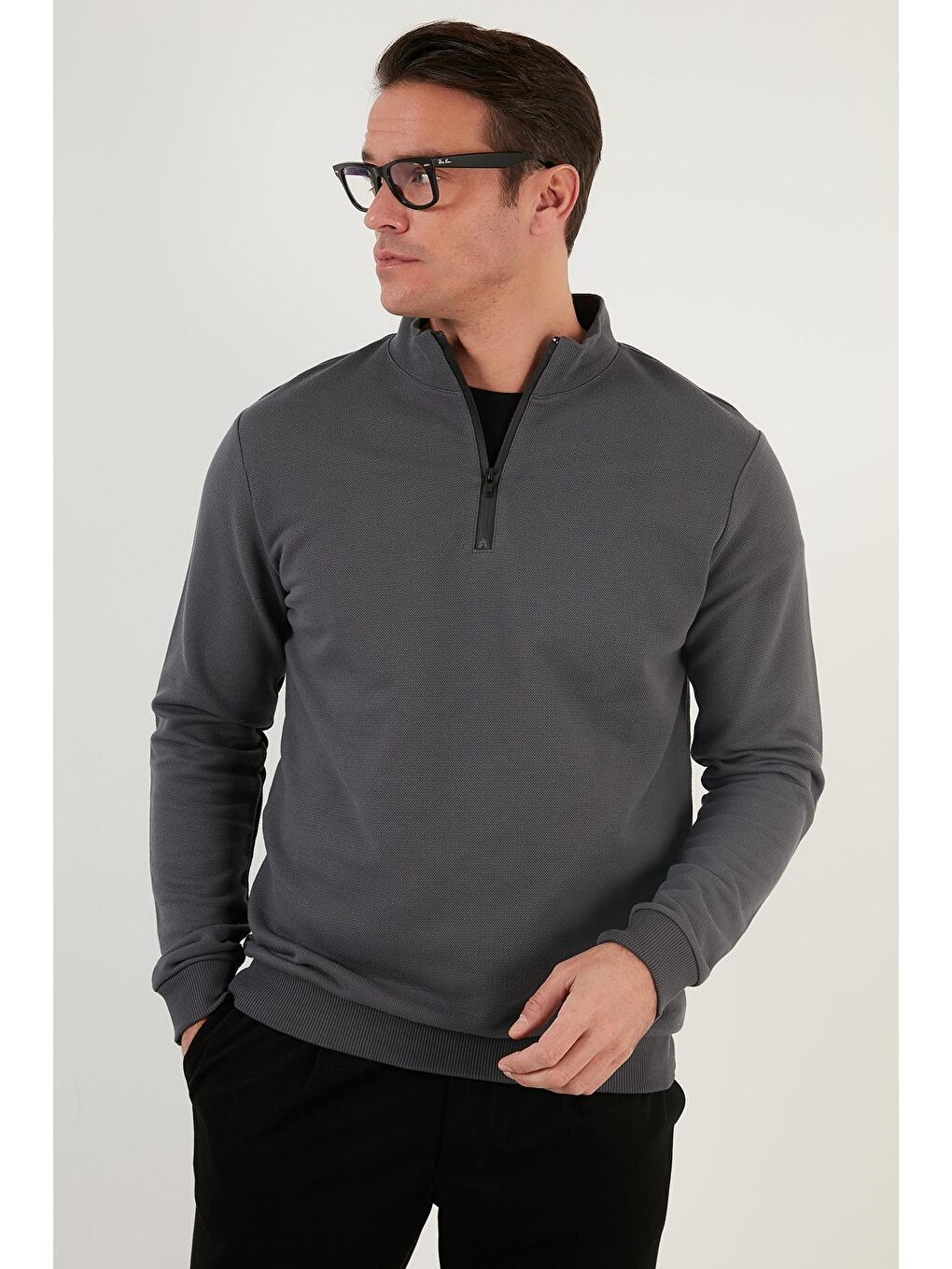 Antrasit Pamuklu Slim Fit Yarım Fermuarlı Dik Yaka Erkek Sweat 5905400