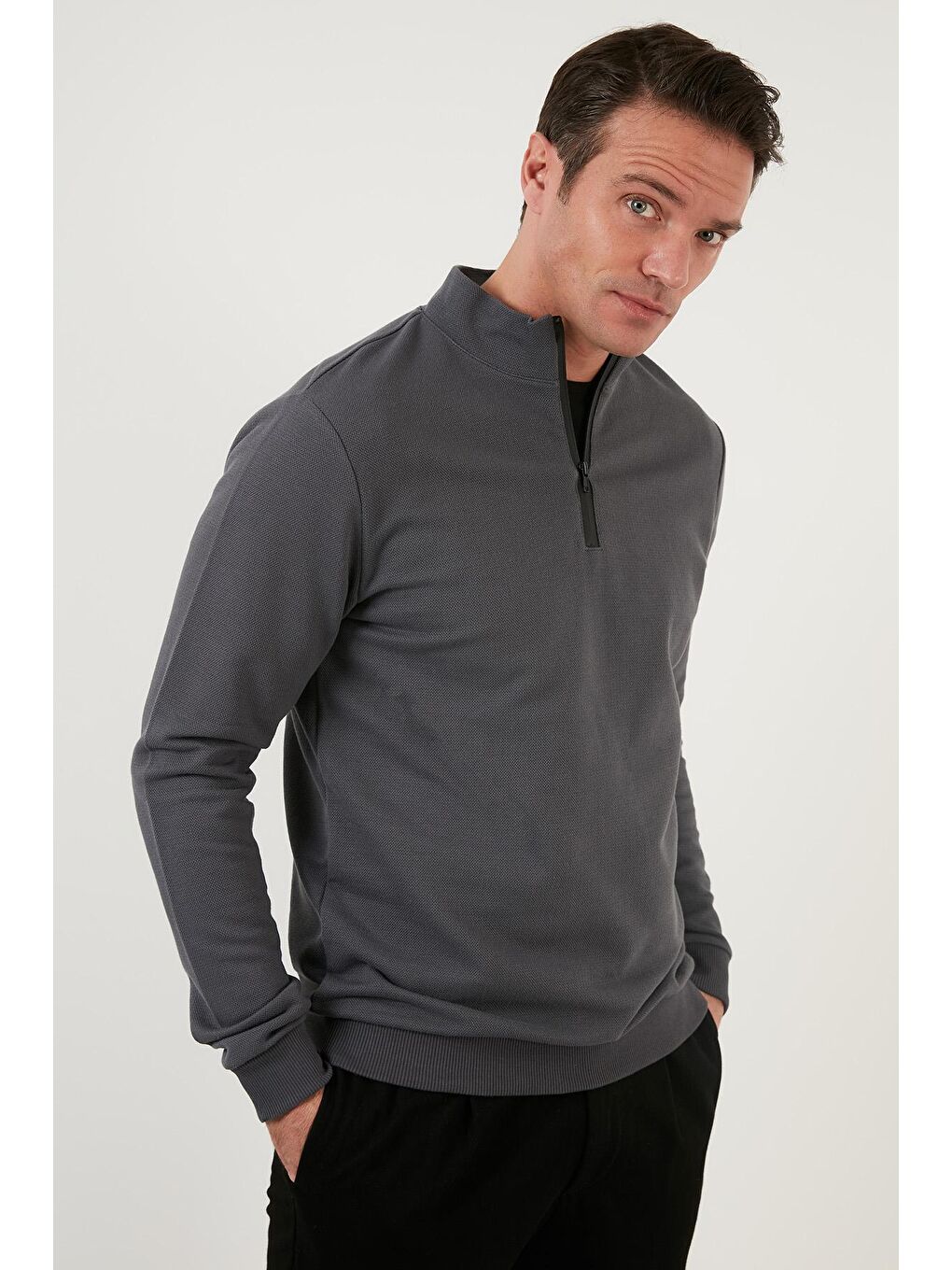 Antrasit Pamuklu Slim Fit Yarım Fermuarlı Dik Yaka Erkek Sweat 5905400-1