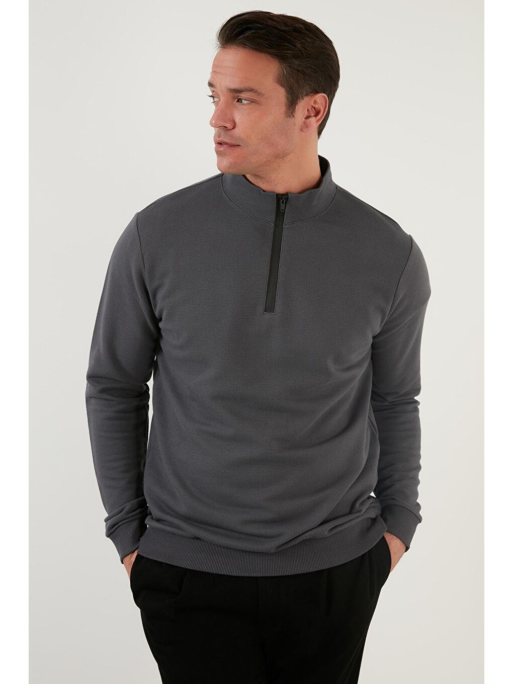 Antrasit Pamuklu Slim Fit Yarım Fermuarlı Dik Yaka Erkek Sweat 5905400-2