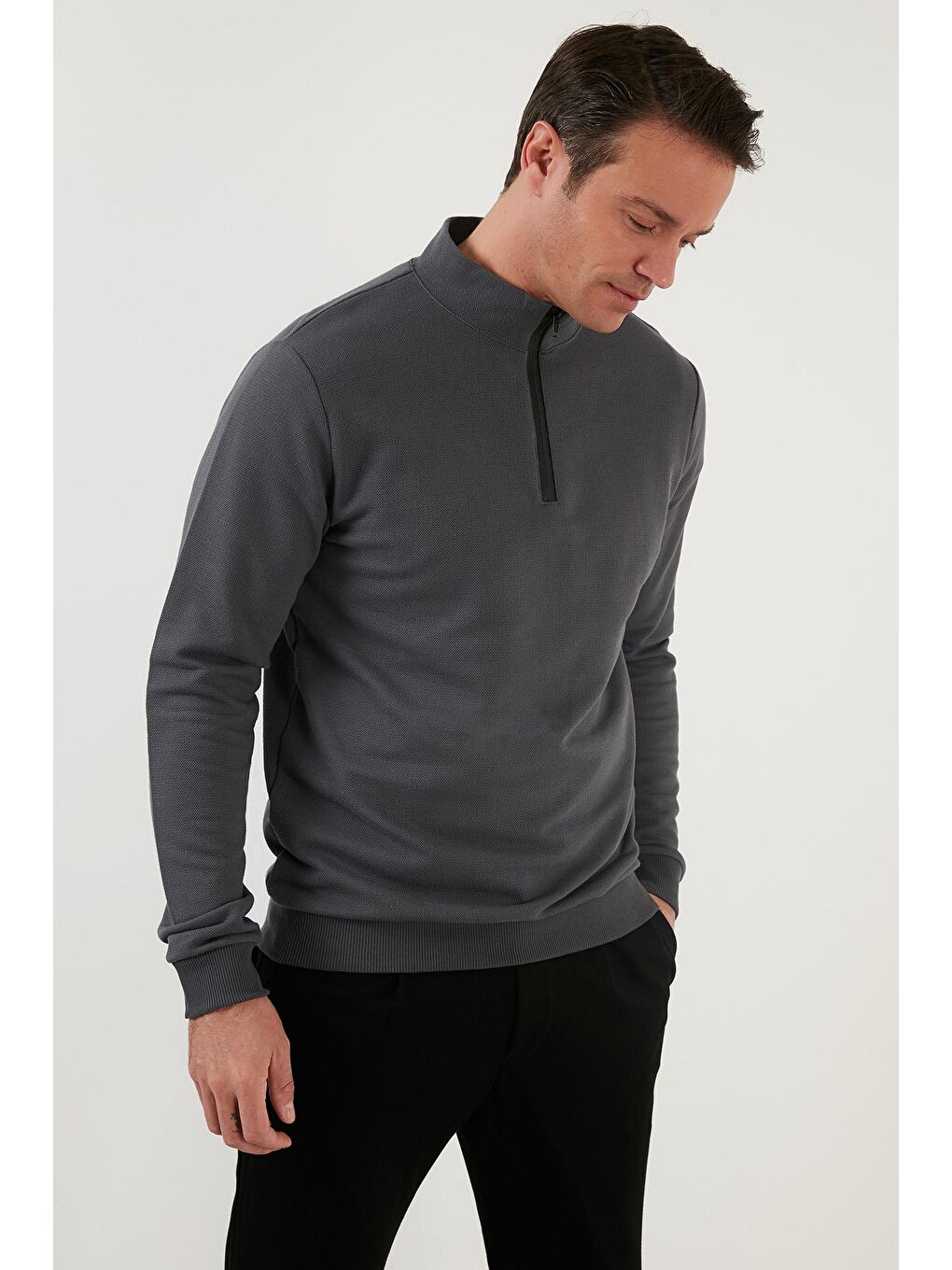 Antrasit Pamuklu Slim Fit Yarım Fermuarlı Dik Yaka Erkek Sweat 5905400-3