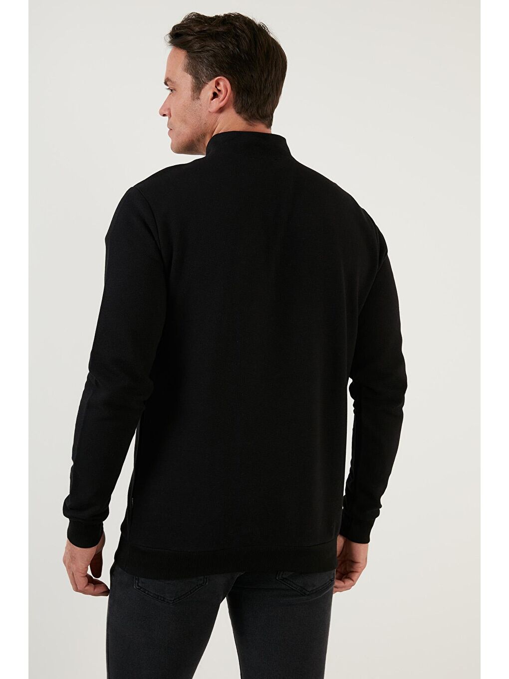Siyah Pamuklu Slim Fit Yarım Fermuarlı Dik Yaka Erkek Sweat 5905400-4