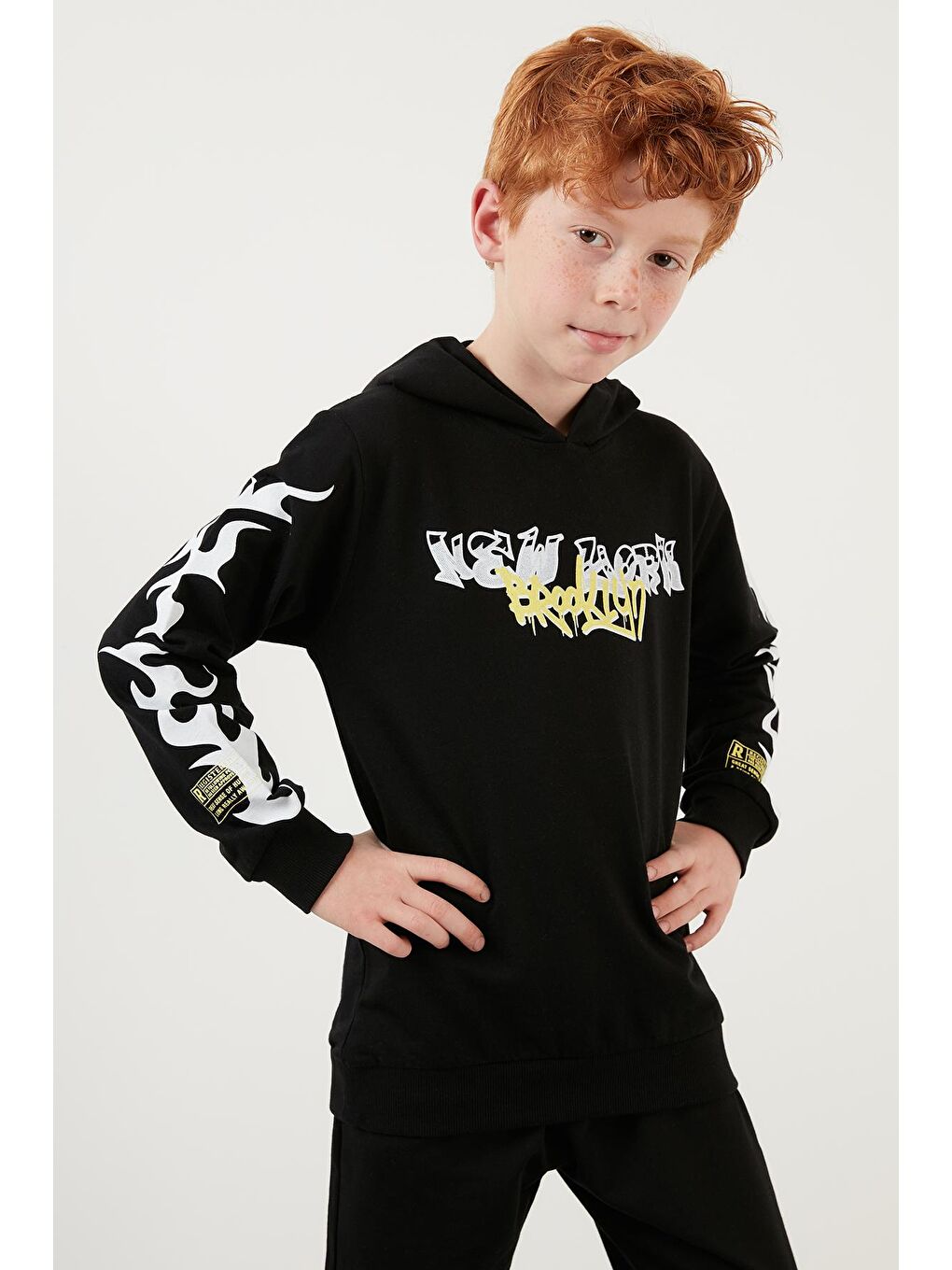 Siyah % 100 Pamuk Baskılı Cepli Kapüşonlu Spor Takım 59215600-1