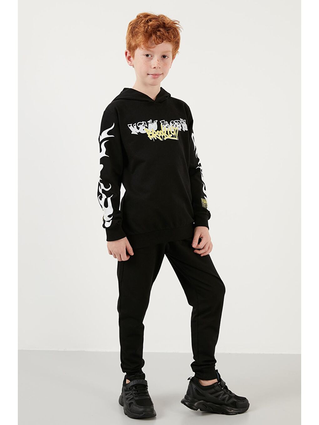 Siyah % 100 Pamuk Baskılı Cepli Kapüşonlu Spor Takım 59215600-3