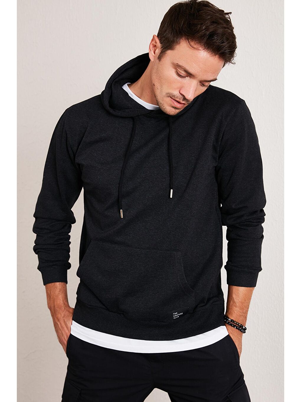 Gri Kanguru Cepli Şardonlu Slim Fit Kapüşonlu Kışlık Sweat 5975002