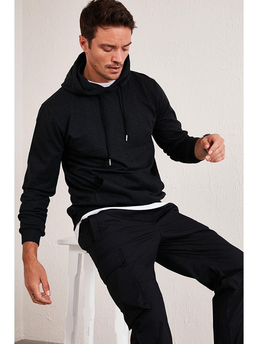 Gri Kanguru Cepli Şardonlu Slim Fit Kapüşonlu Kışlık Sweat 5975002-3