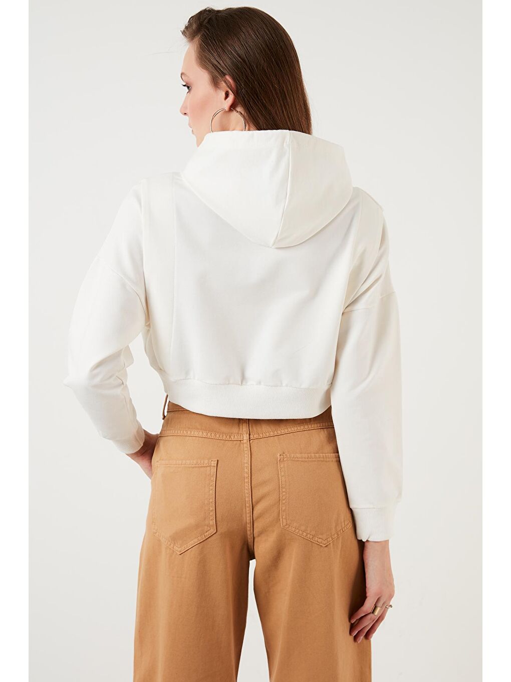 Ekru Baskılı Kapüşonlu Pamuklu Crop Sweat 6001041-4