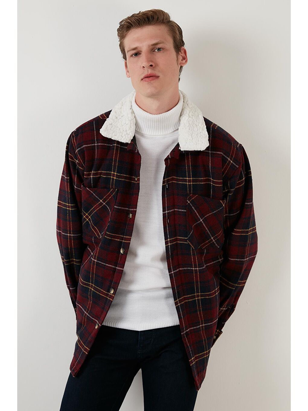 Bordo Pamuklu Ekoseli Regular Fit Kışlık Oduncu Kürk Yaka Ceket 606343717-1