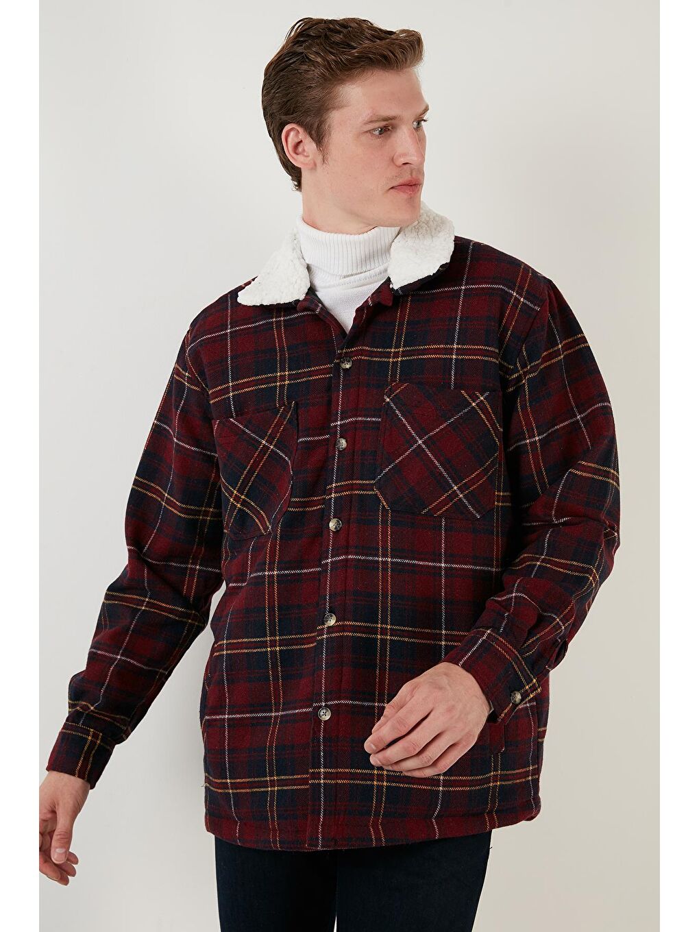 Bordo Pamuklu Ekoseli Regular Fit Kışlık Oduncu Kürk Yaka Ceket 606343717-2