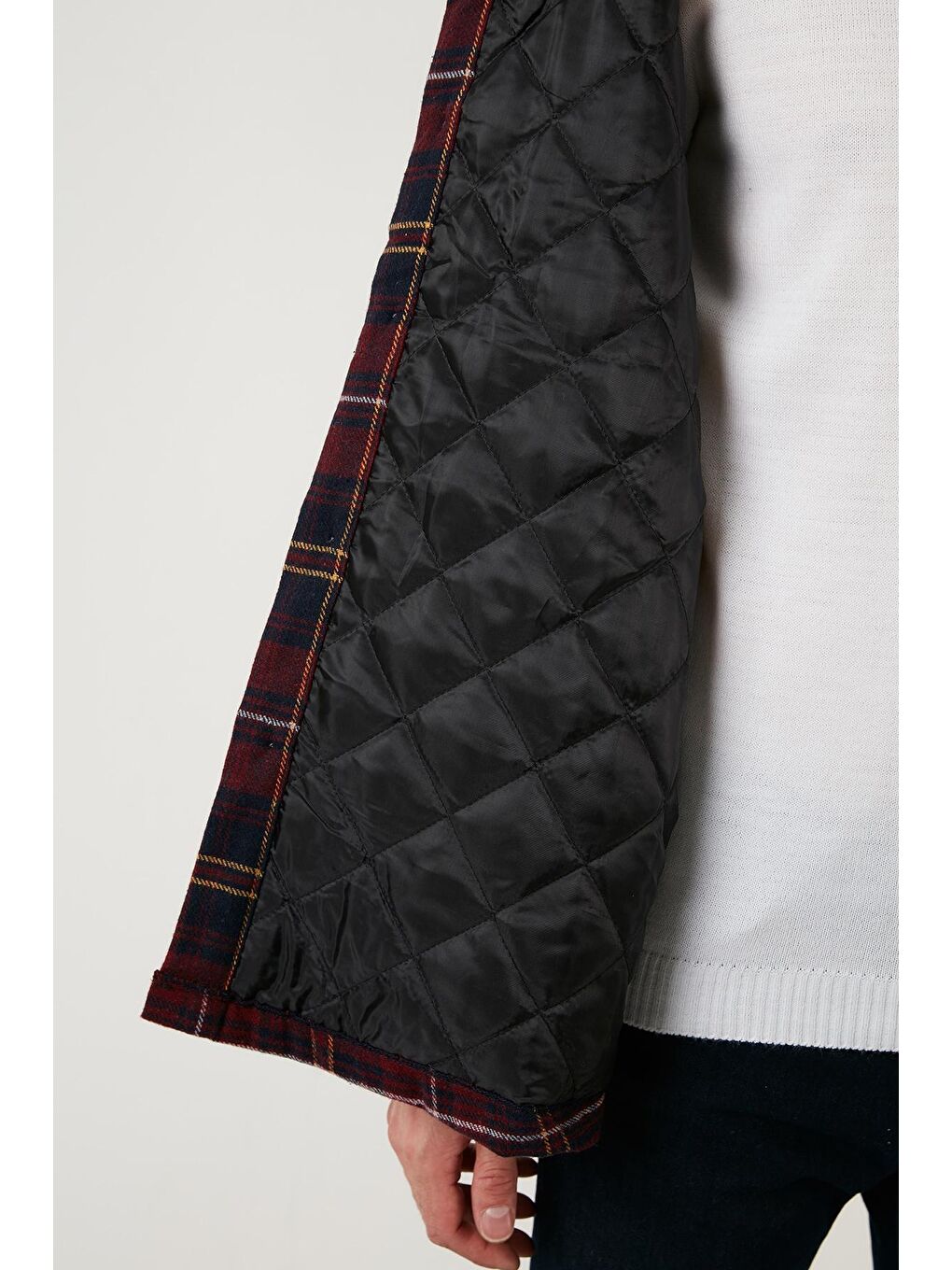 Bordo Pamuklu Ekoseli Regular Fit Kışlık Oduncu Kürk Yaka Ceket 606343717-3