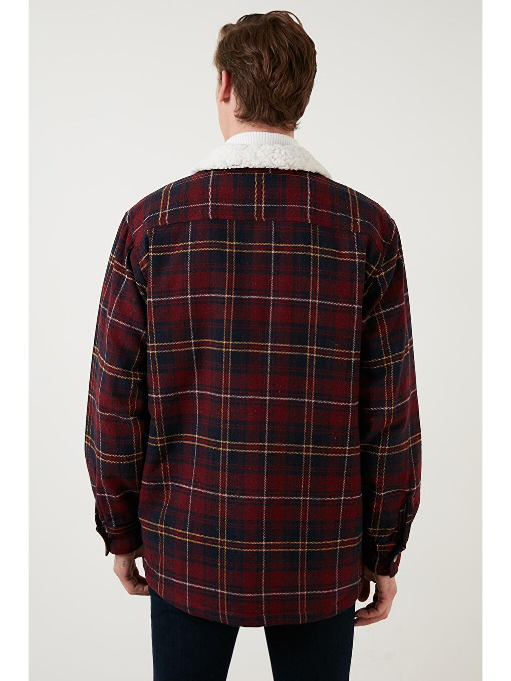 Bordo Pamuklu Ekoseli Regular Fit Kışlık Oduncu Kürk Yaka Ceket 606343717-4