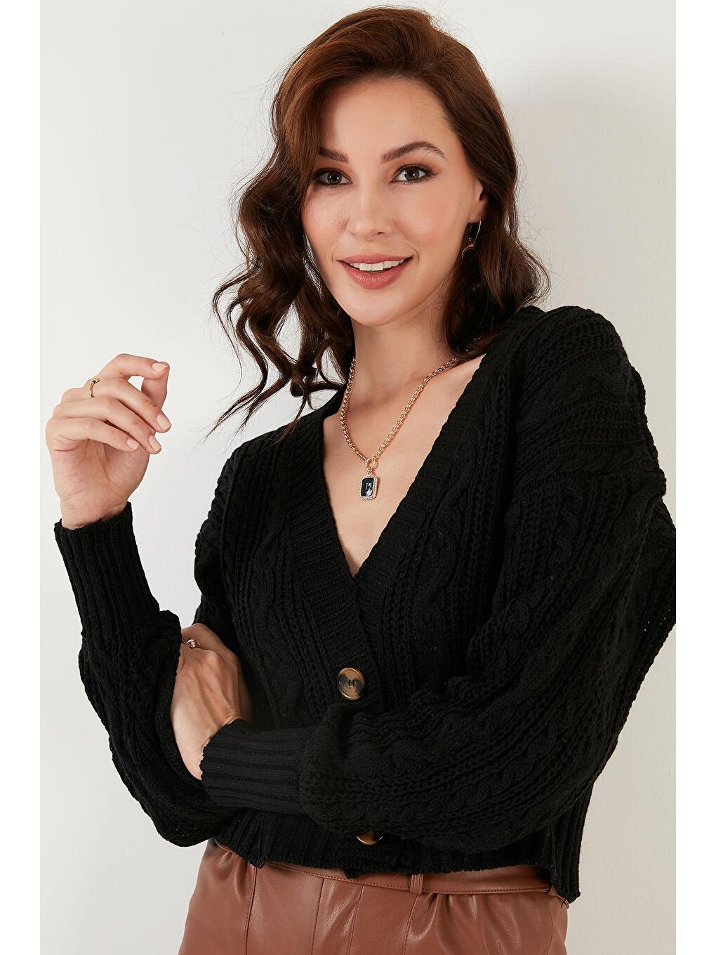 Siyah V Yaka Crop Triko Hırka 6071486-1