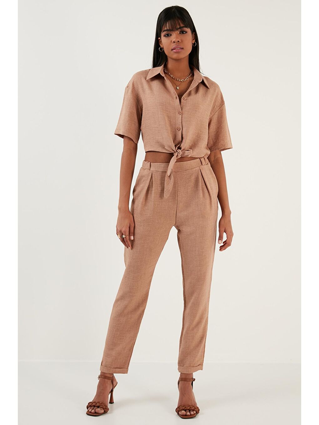 Kahverengi Keten Görünümlü Cepli Pantolon 611Au07