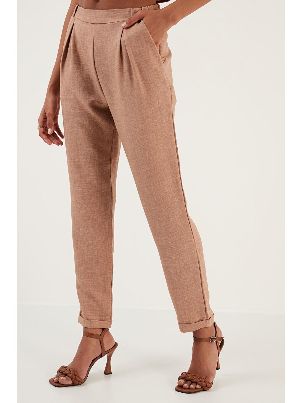 Kahverengi Keten Görünümlü Cepli Pantolon 611Au07-1