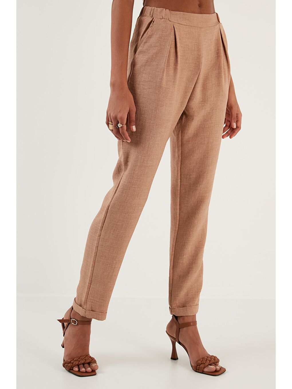 Kahverengi Keten Görünümlü Cepli Pantolon 611Au07-2