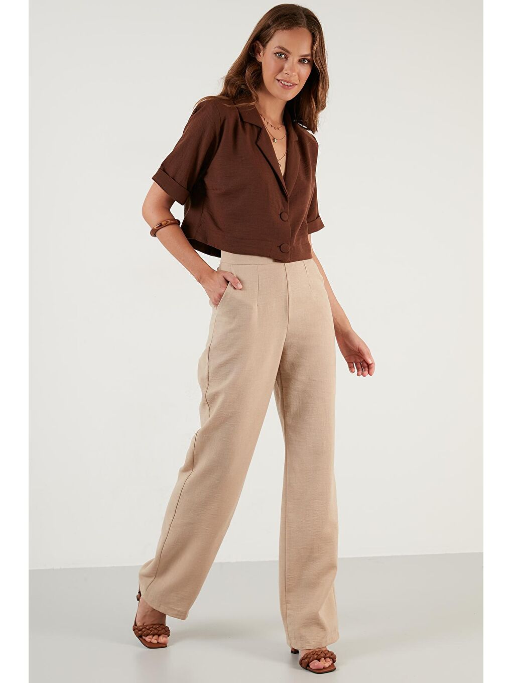 Kahverengi Cepli Fermuarlı Yüksek Bel Bol Paça Pantolon 6236319