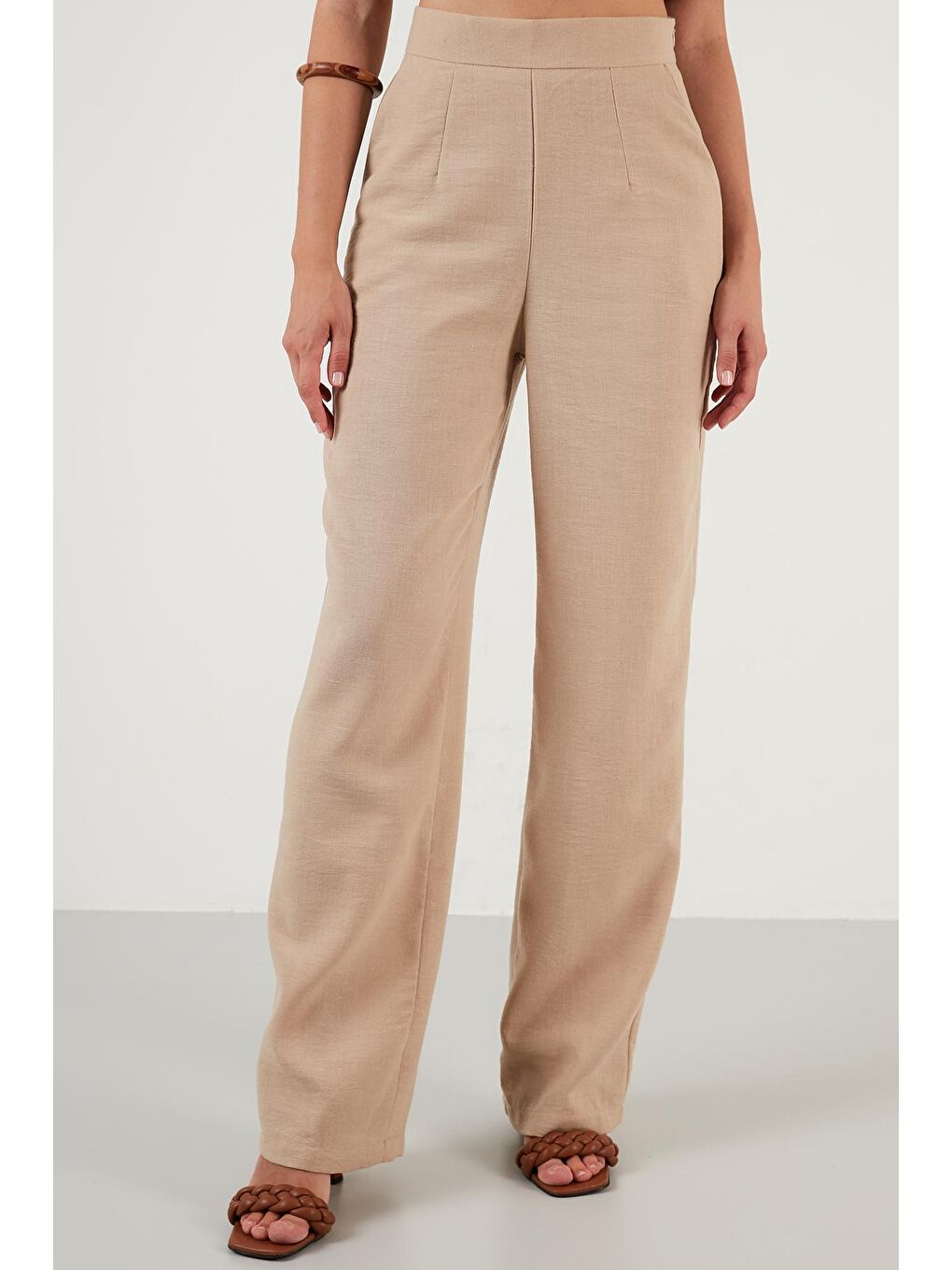 Kahverengi Cepli Fermuarlı Yüksek Bel Bol Paça Pantolon 6236319-3