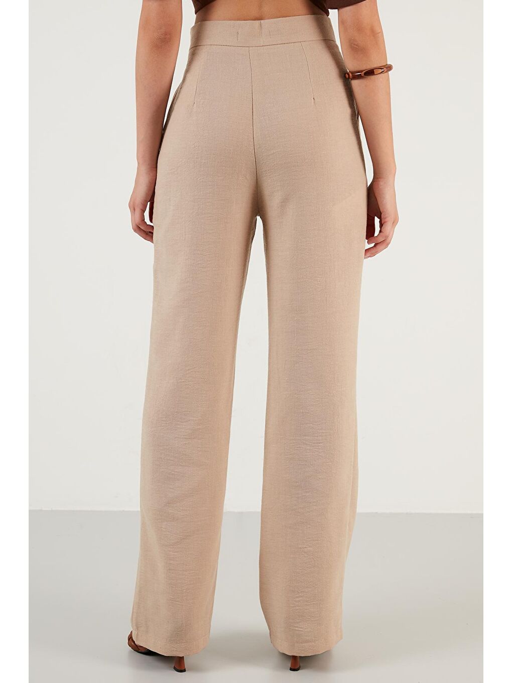 Kahverengi Cepli Fermuarlı Yüksek Bel Bol Paça Pantolon 6236319-4