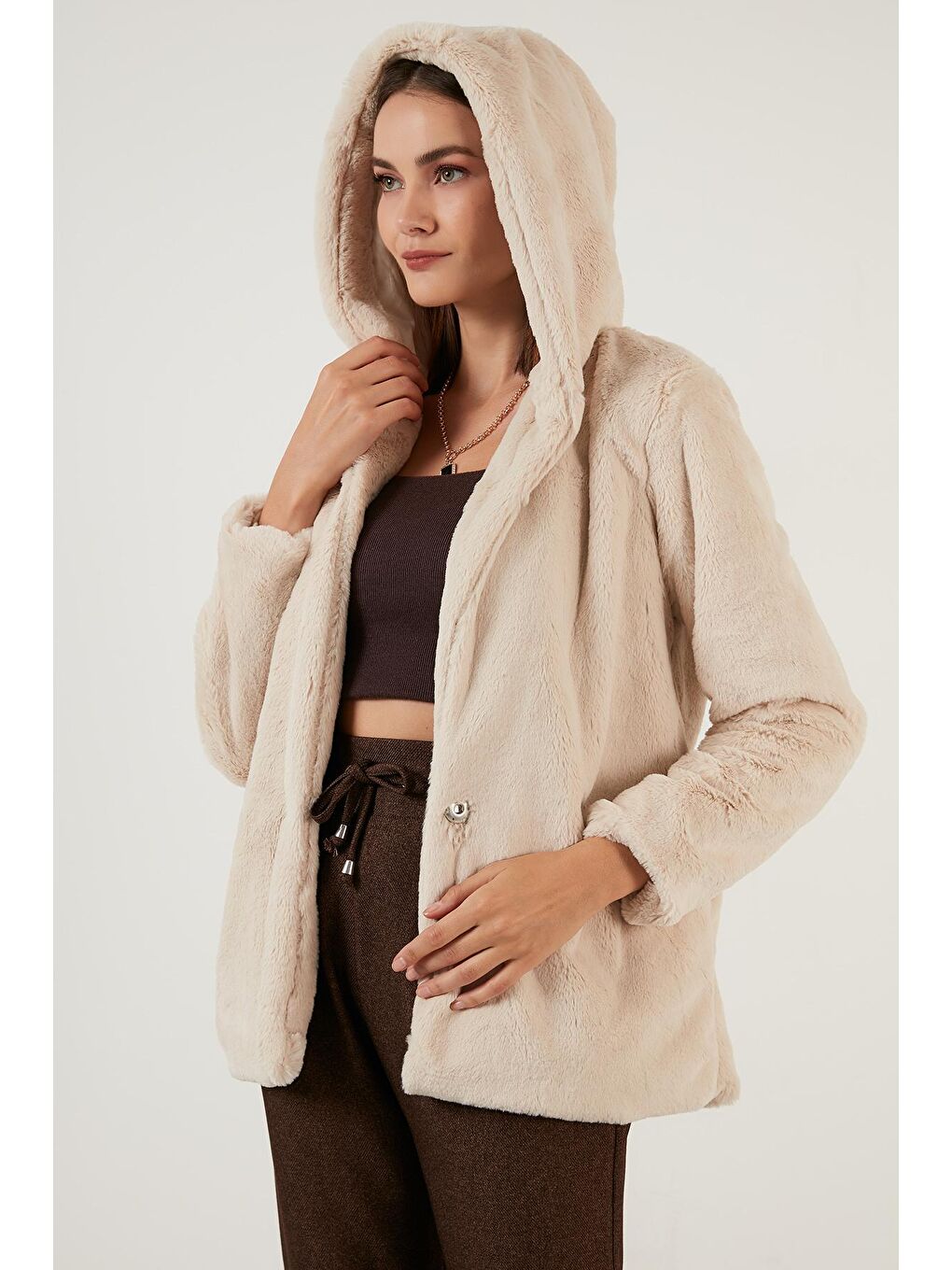 Gri Kapüşonlu Yumuşak Tüylü Astarlı Dar Kesim Suni Kürk 6238066-2