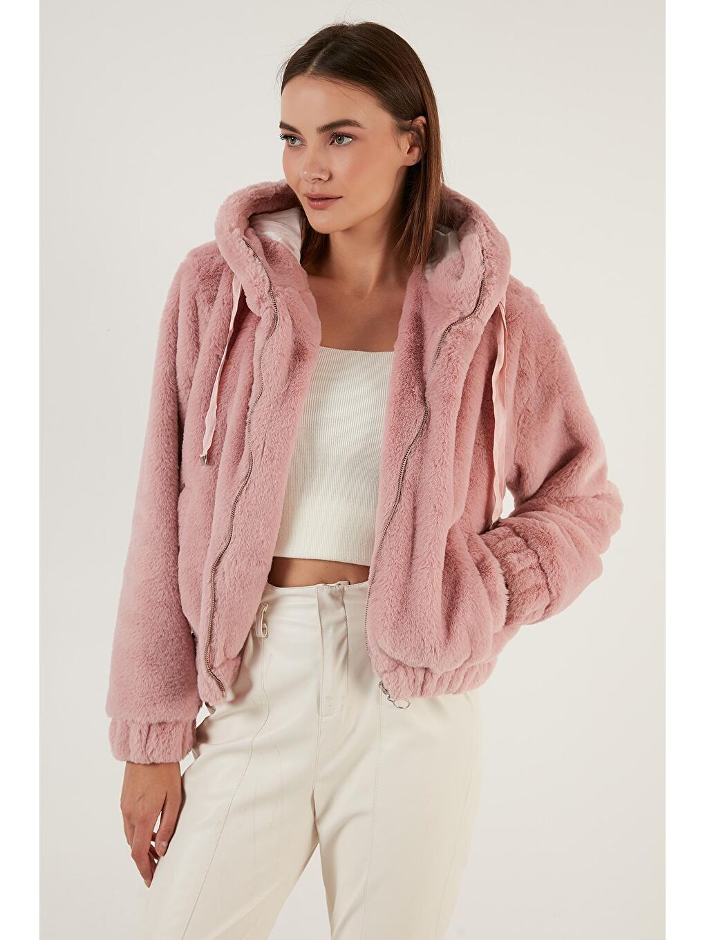 Pembe Kapüşonlu Yumuşak Tüylü Cepli Dar Kesim Astarlı Suni Kürk 6238068-2