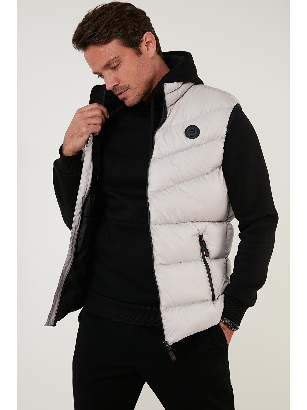Gri Slim Fit Dik Yaka Cepli Şişme Yelek 6274850-3