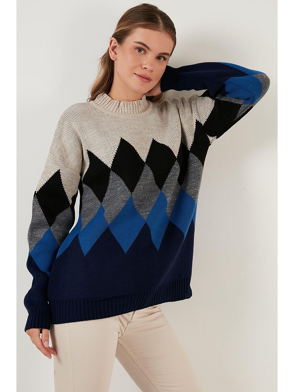 Lacivert Baklava Desenli Yarım Balıkçı Yaka Örme Kazak 6310003